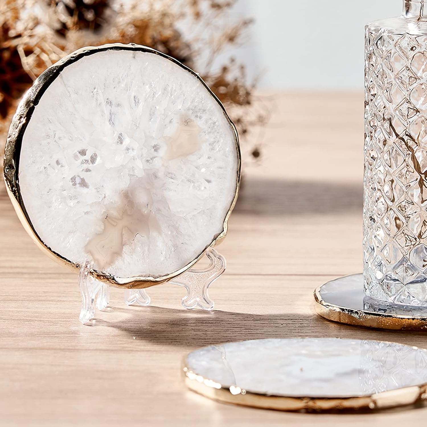 White Agate Coasters for Drinks, Crystal Coaster with Gold Edge 3.5-4", Geode Coaster Set of 4, Gemstone Natural Stone Coasters for Coffee Table, White Agate Slices Cup Mat for Home Decor