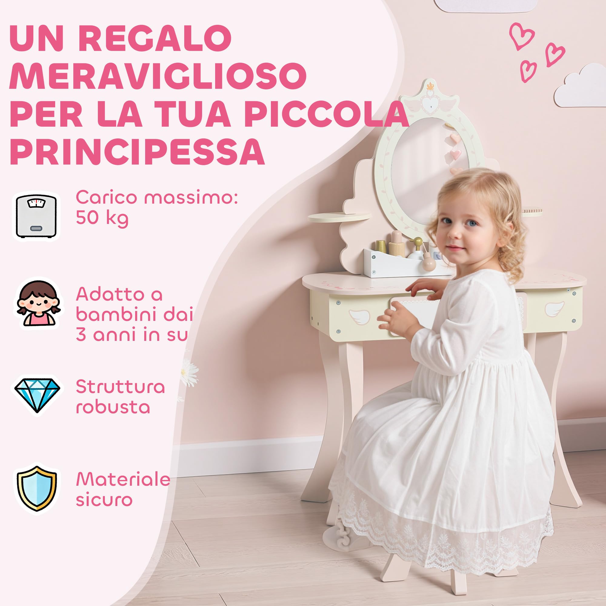 AIYAPLAY Set Toeletta con Specchio e Sgabello in Legno per Bambini, Tavolo da Trucco 2 in 1 Convertibile in Scrivania, 7 Accessori Inclusi, Rosa