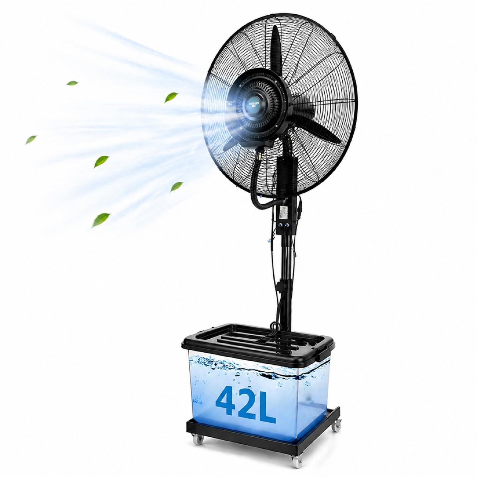 Ventilador de nebulización industrial con tanque de 42L, ventilador de pie oscilante 90°, alta velocidad para terrazas, almacenes y comercios