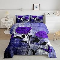 Vista 13 de Juego de edredón de rosas rojas, tamaño Queen, relleno de edredón negro y blanco degradado para adultos, juego de ropa de cama vintage de acuarela