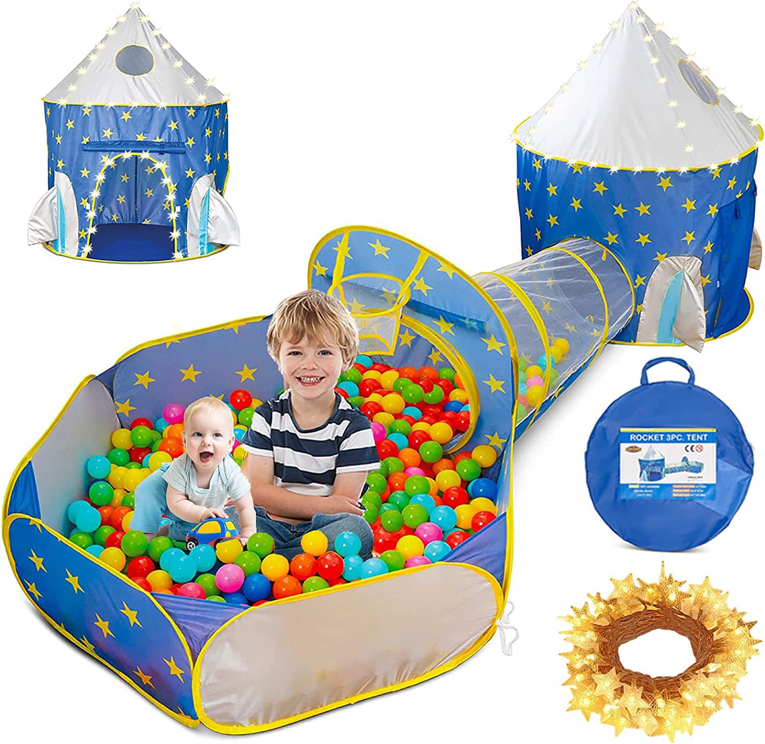 IS MUHE 4pcs Kids Play Tent, Crawl Tunnel, Ball Pit，Basketball Hoop and Star Lights Pop Up Portable Glow in The Dark Stars ， Children Castle Playhouse for Girls & Boys, Indoor and Outdoor (Blue)
