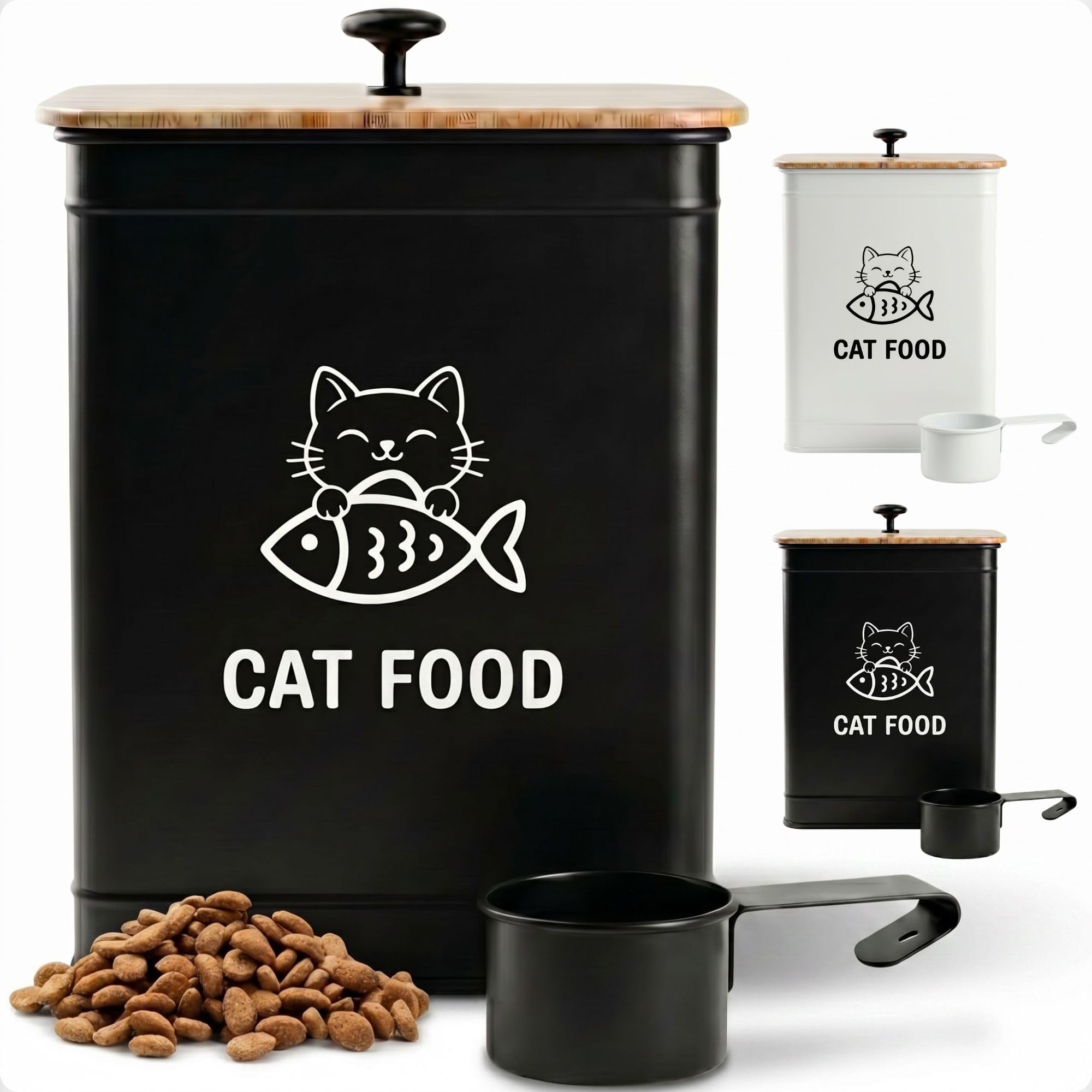 Metal Cat Food Container with Scoop 5-7 lb (25 Cup), w/ Airtight Bamboo Lid