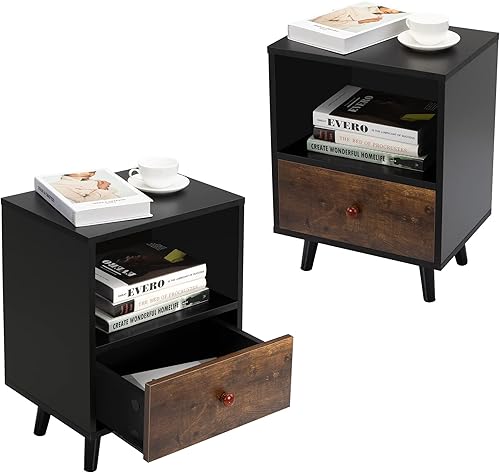 GIYZOKNI Juego de 2 armarios de noche con 1 cajón y patas cortas, muebles de noche, mesa auxiliar con estante de almacenamiento para dormitorio,