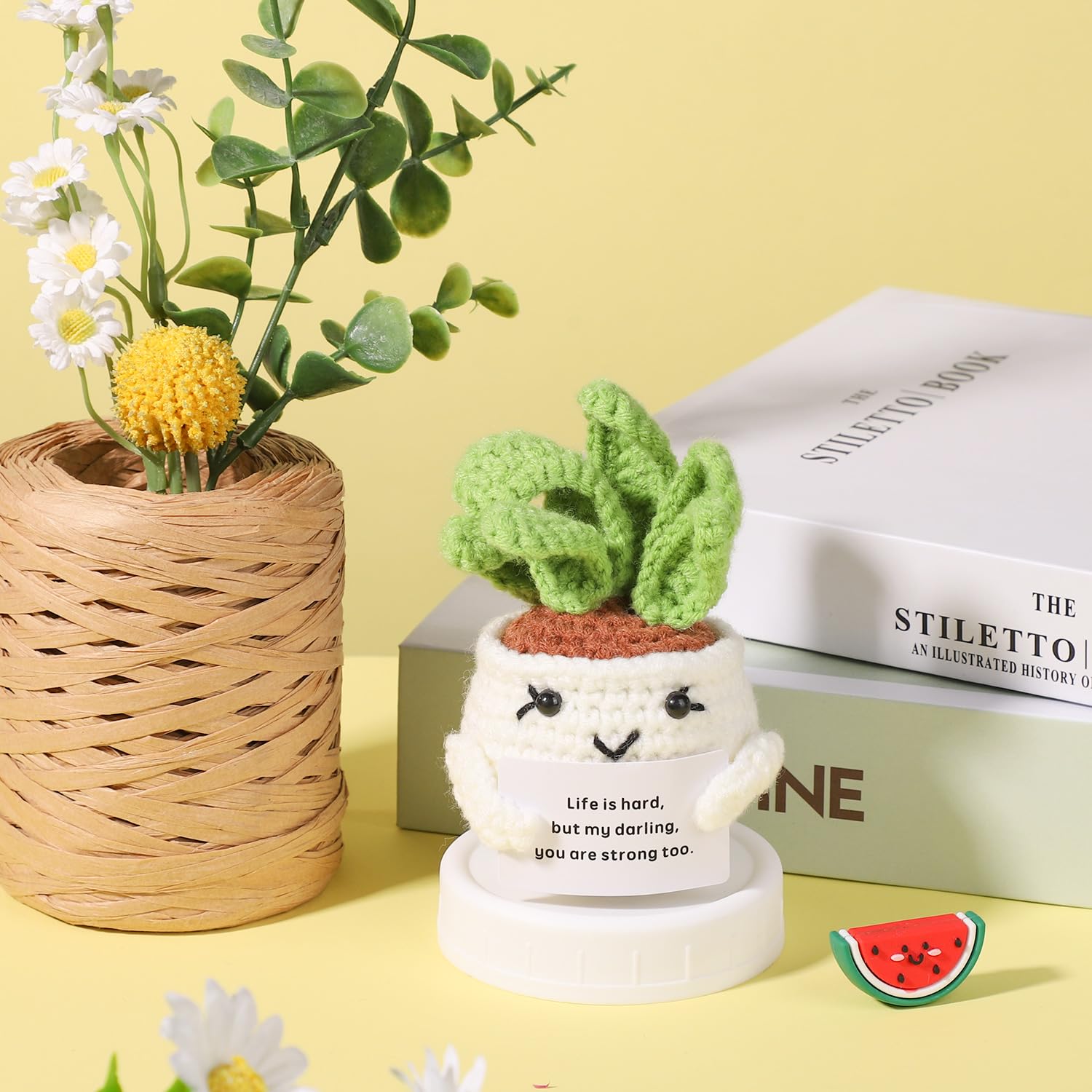 lasuroa Divertente Cactus Positivo, 13 cm Vita Positiva Cactus Patate Pianta all'Uncinetto Bambola Giocattolo Lavorata Maglia con Carta Incoraggiamento Regalo Lana per Fiesta Messicana Cinco de Mayo