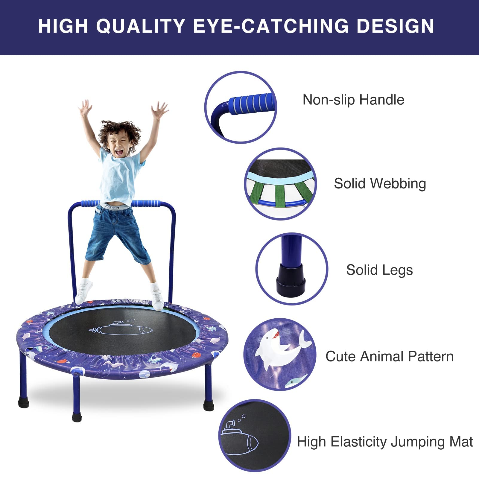 Trampolino Elastico per Bambini Ø96cm, Tappeto elastico Bambini con Manico Regolabile e Copertura Imbottita, Trampolino Elastico Fitness Pieghevole, Saltarello per Bambini da Interno ed Esterno