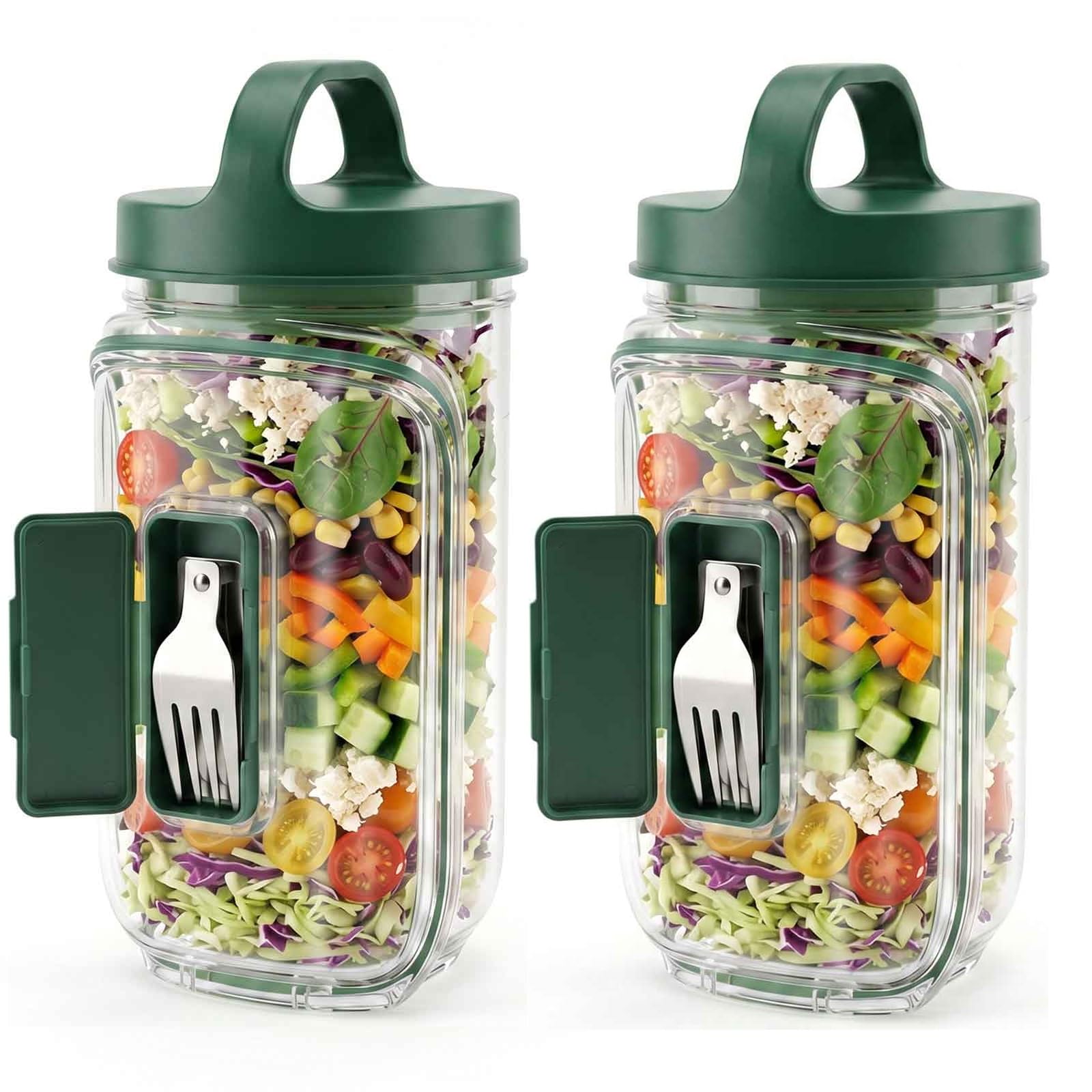 YUNYOUC Multifunctional Salad Pod Side Opening Salad Jar 1000ml Leak Proof Lunch Box with Dressing Cup and Foldable Fork Vertical Layering Meal Prep Bowl for Work Office and Travel(2Pack)