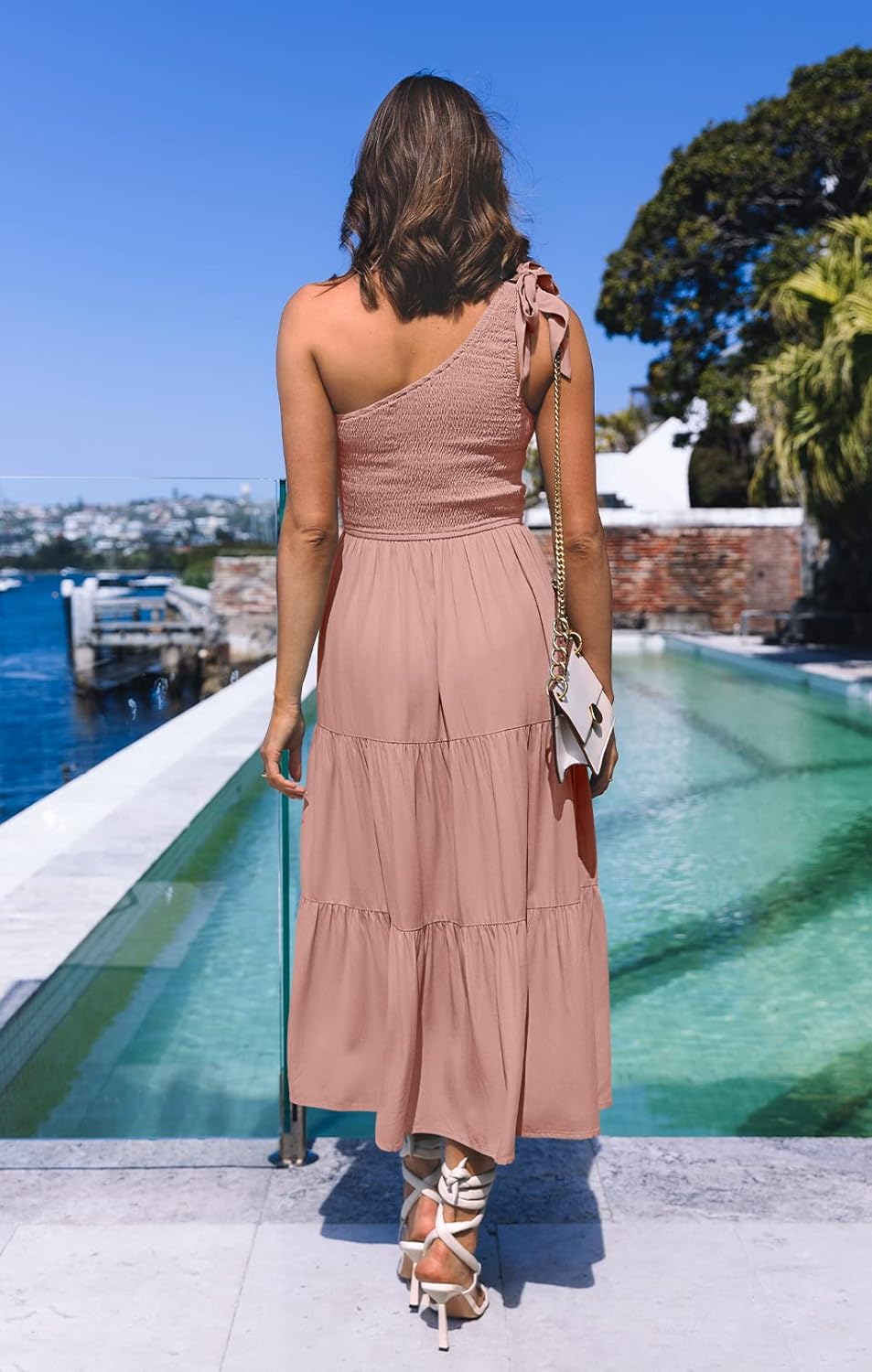 MEROKEETY Women's 2026 Summer Sleeveless Midi Dress One Shoulder Knot Smocked Split Formal Cocktail Wedding Guest Dresses - Image 4