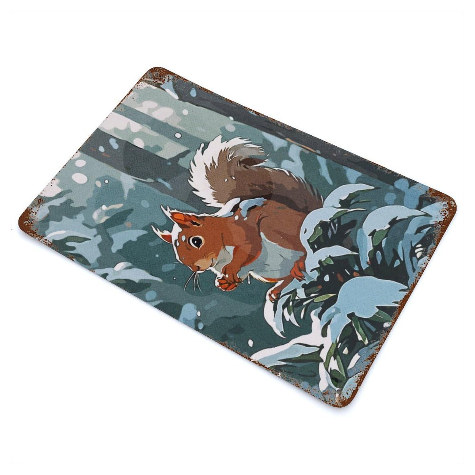 Rust Effect Squirrel Winter Weathered Tin Sign 11.8"x7.9", Novelty Wall Decor for Office, Studio And Wall Decor