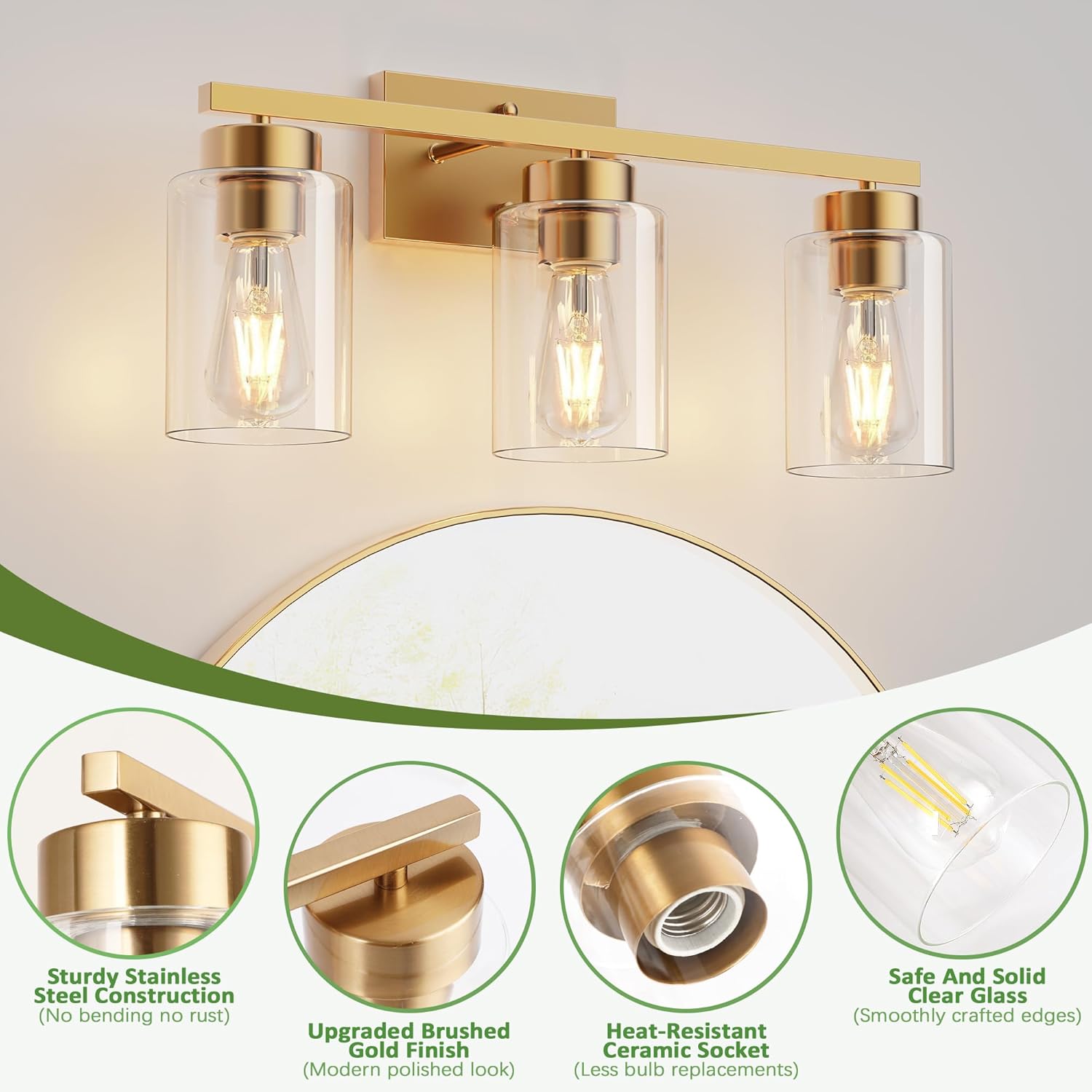 PARTPHONER 3-Light Bathroom Light Fixtures, Brushed Gold Vanity Light with Clear Glass Shade, Modern Wall Sconce for Mirror Bedroom Living Room Hallway Lighting