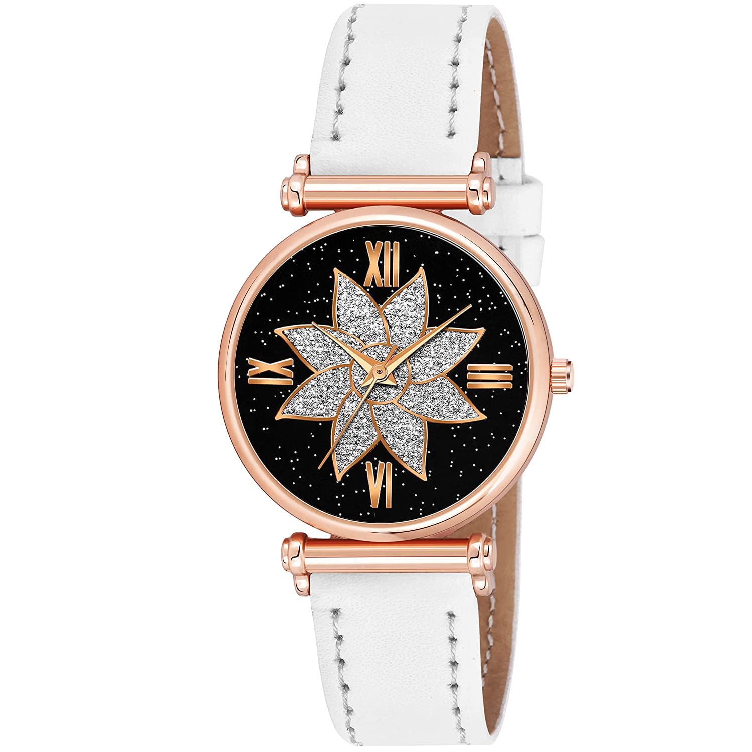 Talgo Alluring Analogue Black Dial White Leather StrapGraceful Stylish Wrist Watch for Women, Pack of 1 - C34-RG-FLOWER-BLK-D-WHT-L (B0C2J3N94C) Amazon Price History, Amazon Price Tracker