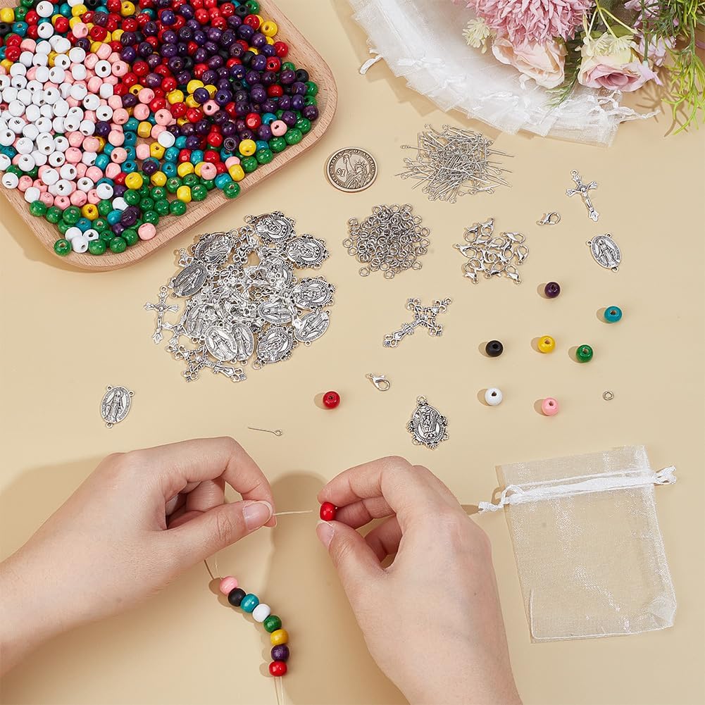 PH PandaHall DIY Rosary Jewelry Making Kit, 904pcs Easter Necklace Making 8 Colors 7mm Wood Beads Cross Crucifix Charms with Accessories and Organza Bag for Ramadan First Communion Jewelry Making