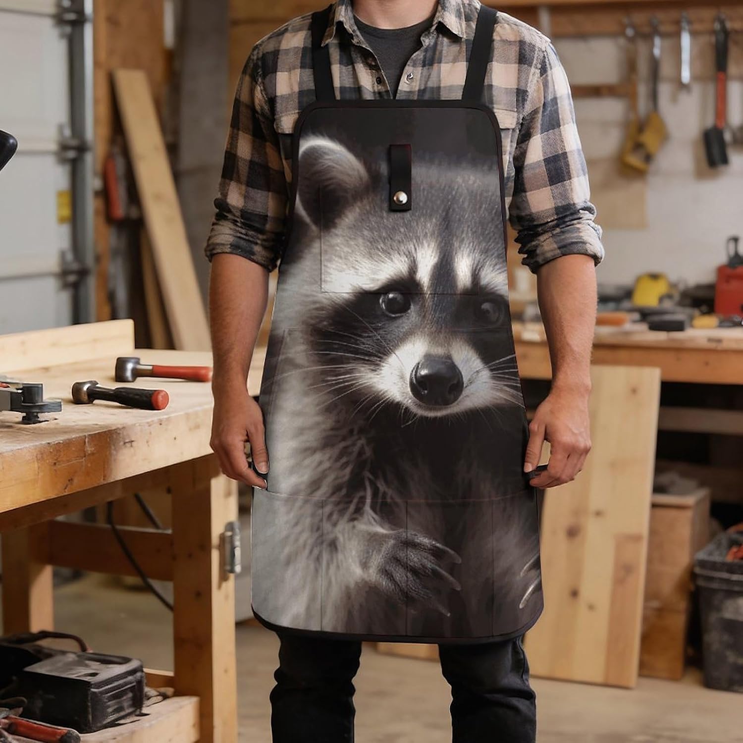 Cute Raccoon Tool Apron with Pocket for Men Women Adjustable Cross Back Work Apron Heavy Duty Woodworking Aprons Workshop Bib for Garden Kitchen image 5