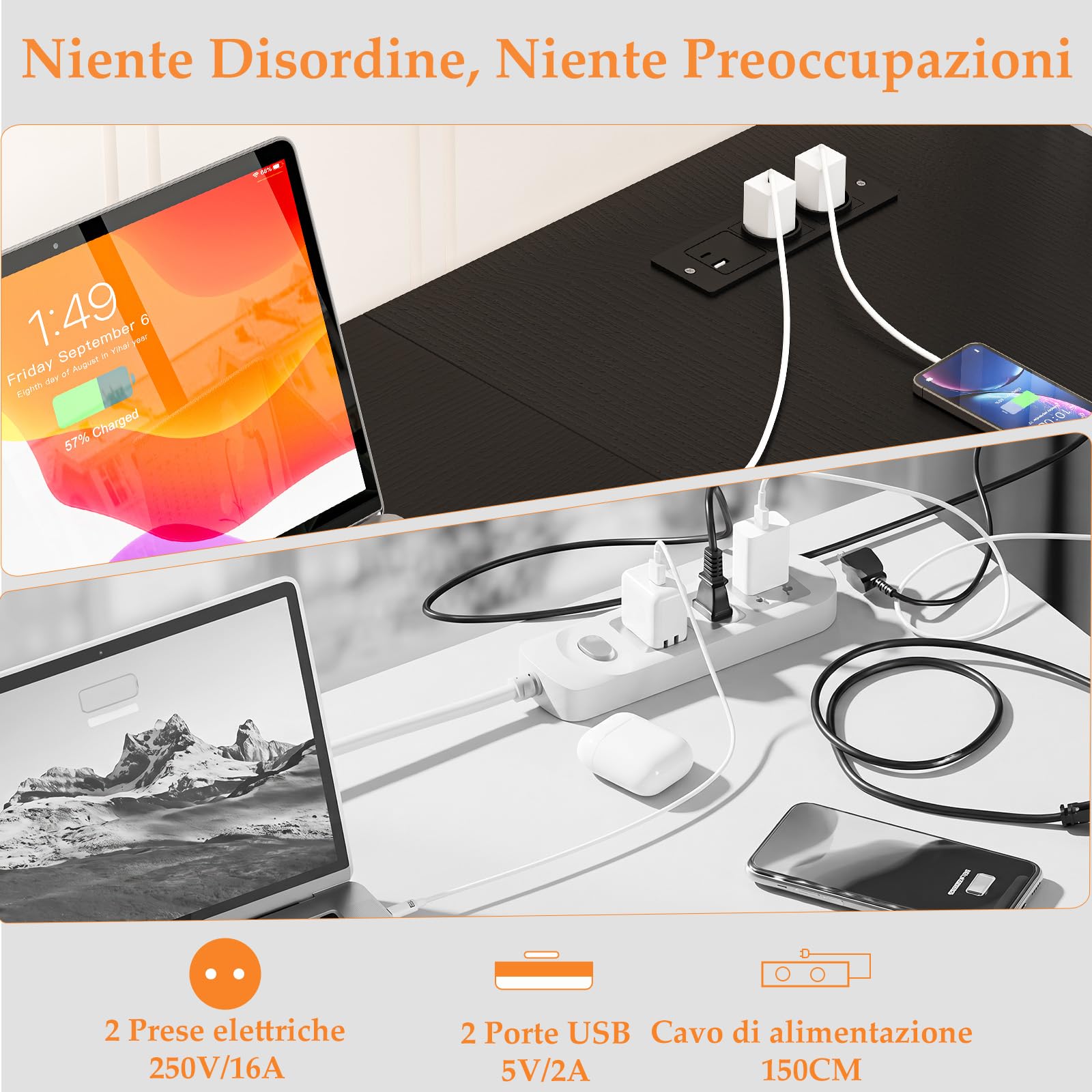 Homieasy Scrivania Angolare 128cm con Prese e USB, Nero | Design Reversibile, Supporto CPU e Ripiano, Salvaspazio per Casa e Ufficio, Metallo e MDF