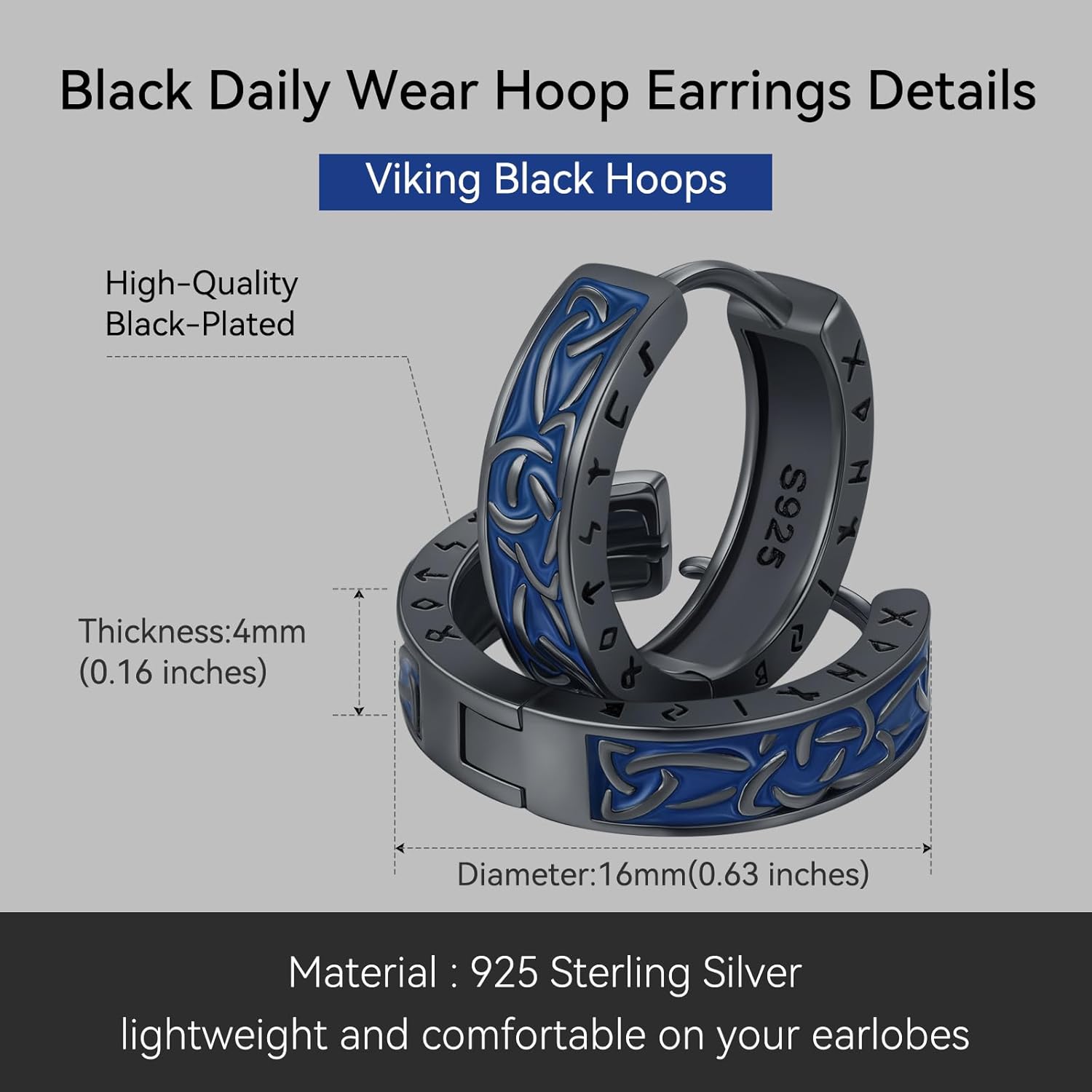 925 Sterling Silver Norse Viking Runes Hoop Earring Celtic Knot Earrings for Men Women Hypoallergenic Sturdy Punk Huggie Hoops Jewelry Gift - Image 3