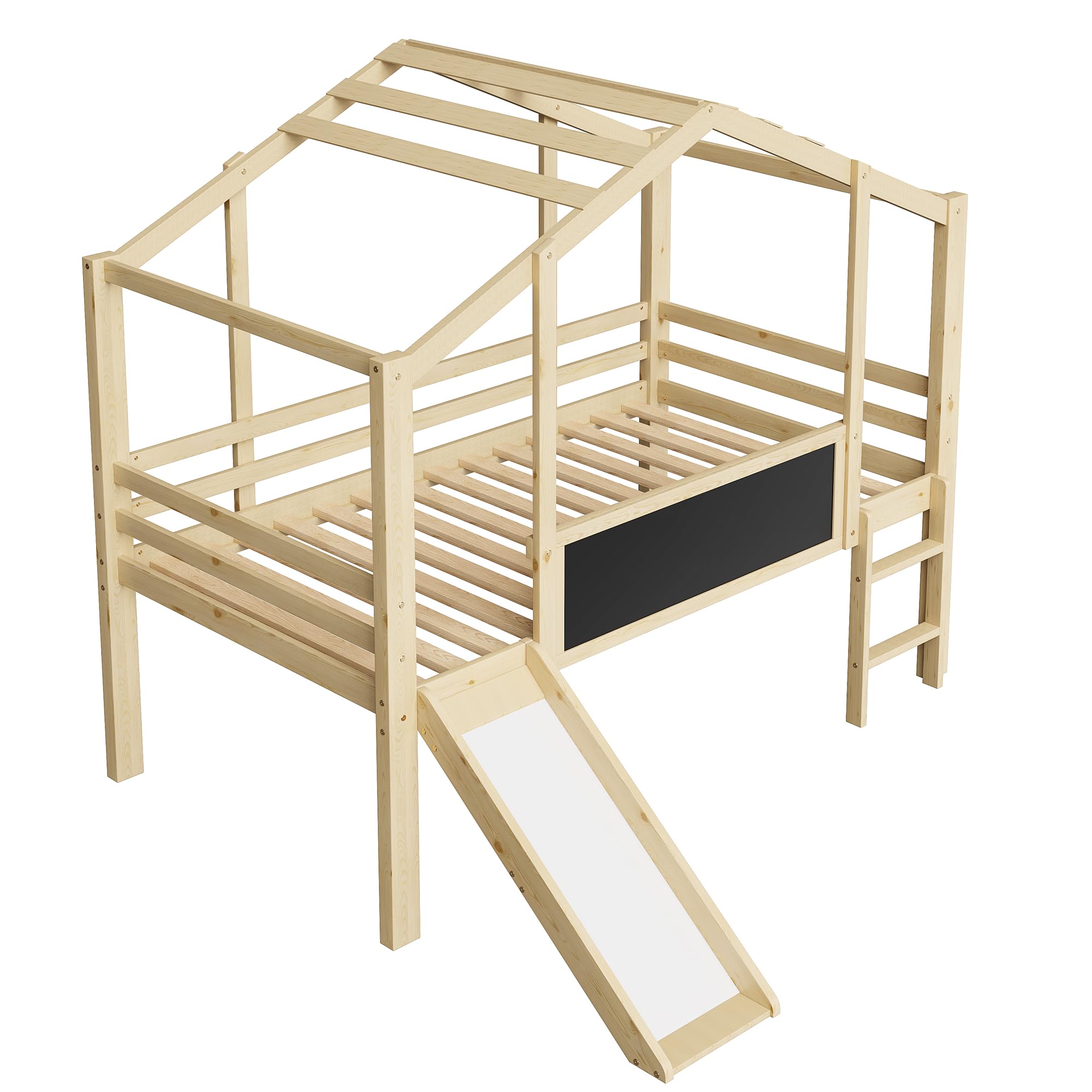 Cama infantil de 90 x 200 cm con escalera y tobogán, con pizarra, diseño de casita, cama alta de madera maciza (sin colchón) (natural)