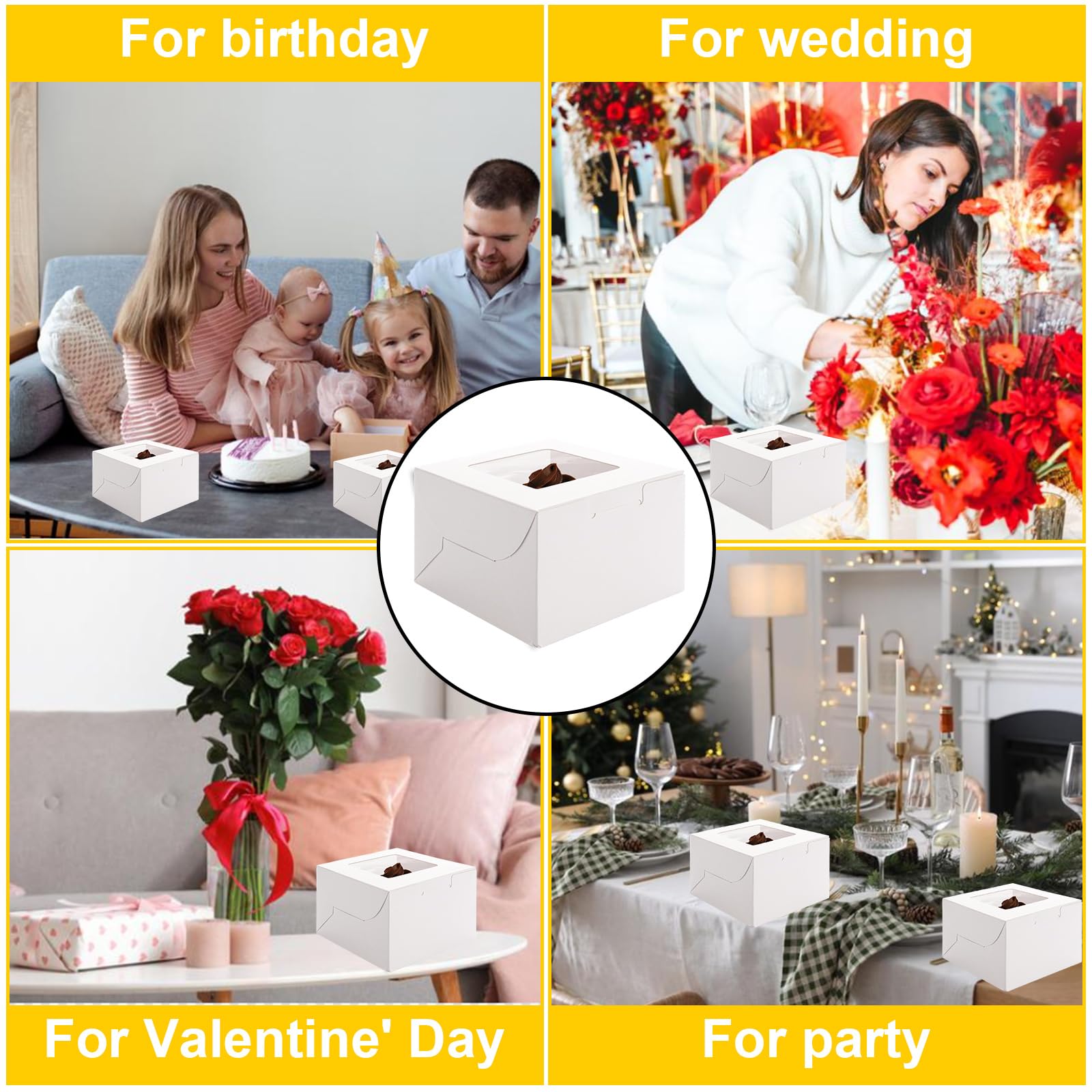 CYEER Paquete de 100 cajas para tartas, 4 x 4 x 2.5 pulgadas, cajas individuales blancas para cupcakes, pequeñas cajas para pasteles de panadería con ventana, mini cajas de dulces para porciones de