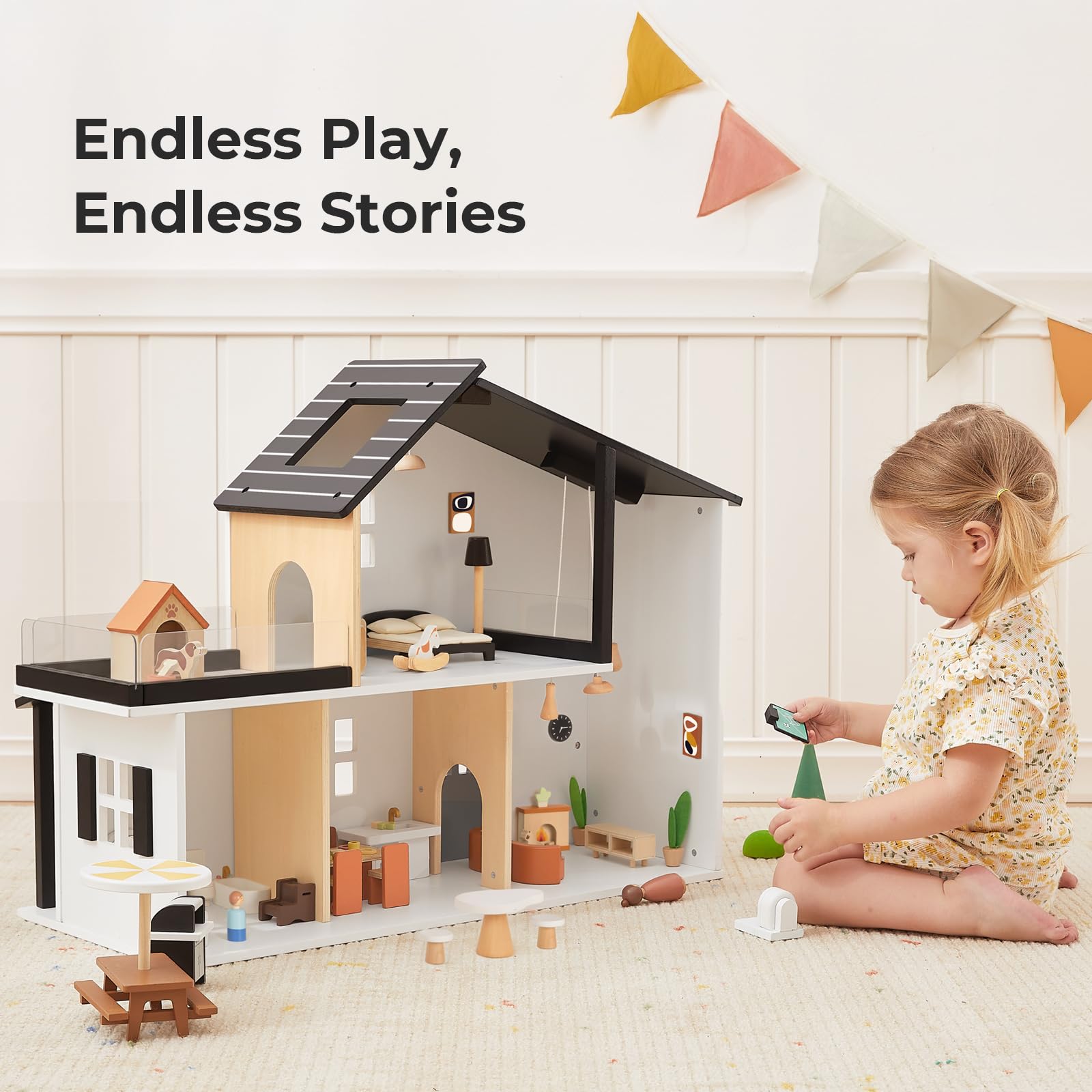 OOOK Puppenhaus Holz, Dollhouse mit 66 Möbel & Zubehör, Puppenhaus ab 3 Jahre Mädchen und Jungen, Spielzeug Geschenke für Kinder inklusive Puppen und Tier Sets