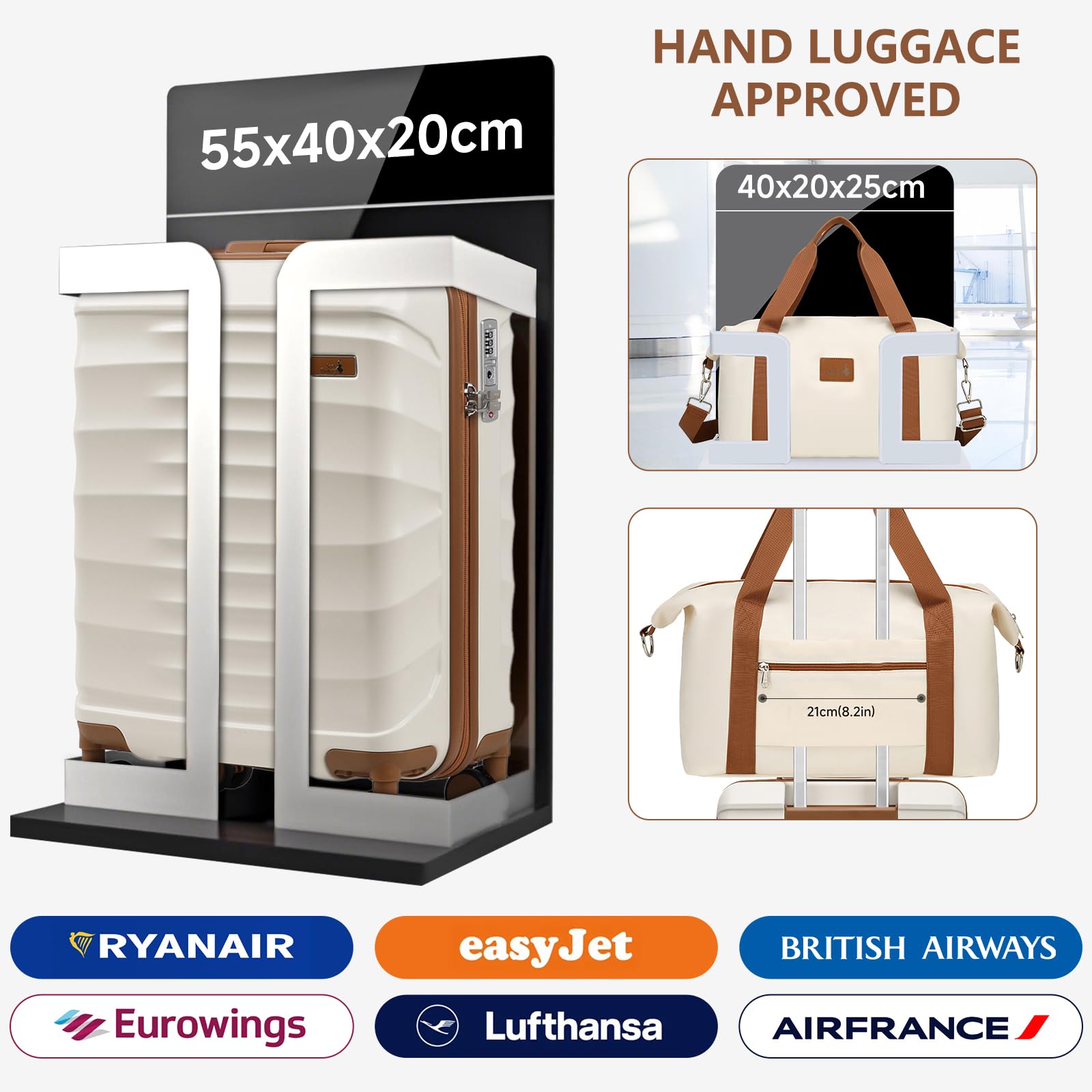 Sea choice Walizka kabinowa 20 cali 55x40x20 Walizki z twardej skorupy ABS z torbą kabinową Ryanair 40x20x25 Hamulec Ciche koło, zamek błyskawiczny TSA