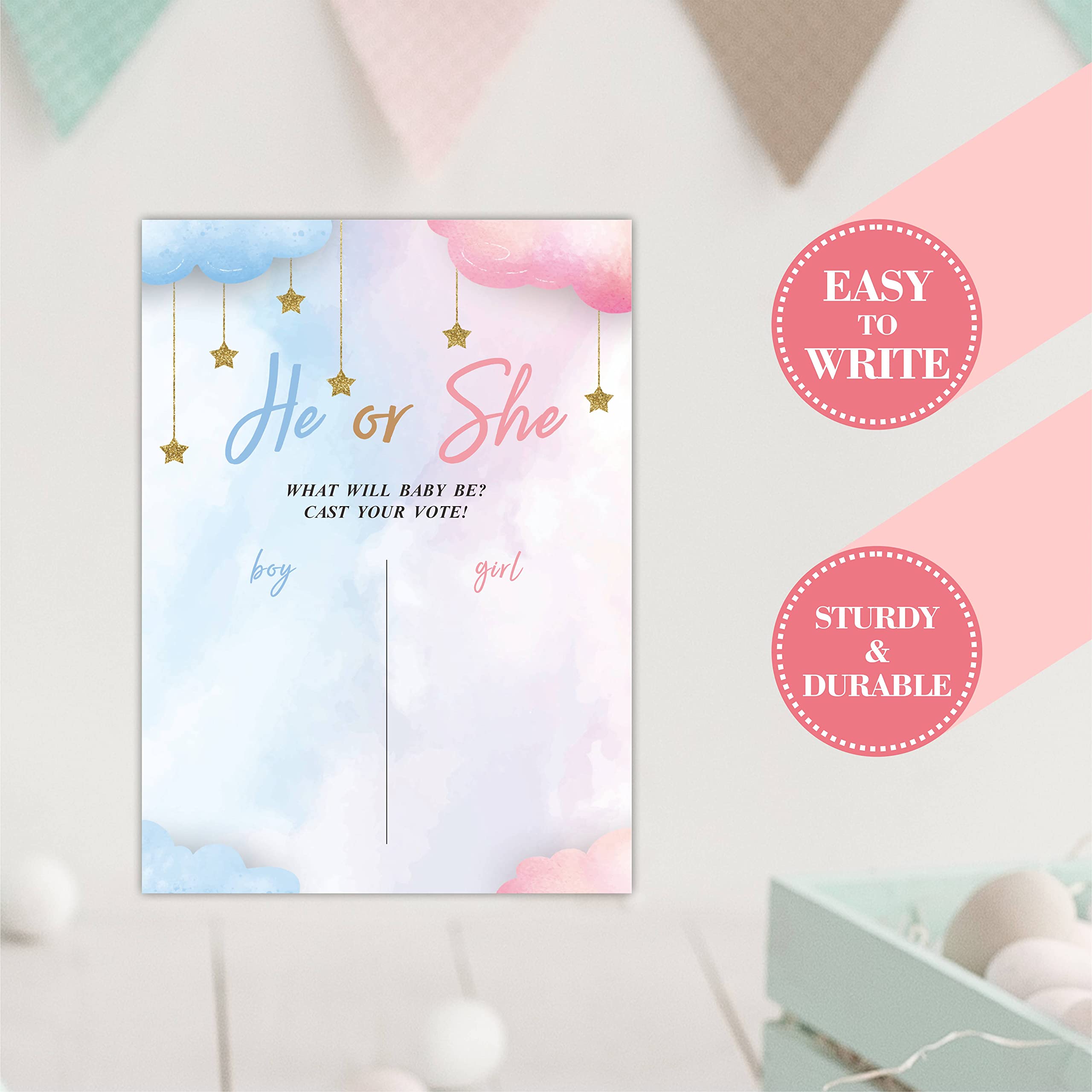 Gender Reveal Voting Sign - 11x15 Inches, Self-Standing Guess He Or She Game For Baby Shower, Cardstock With Easel