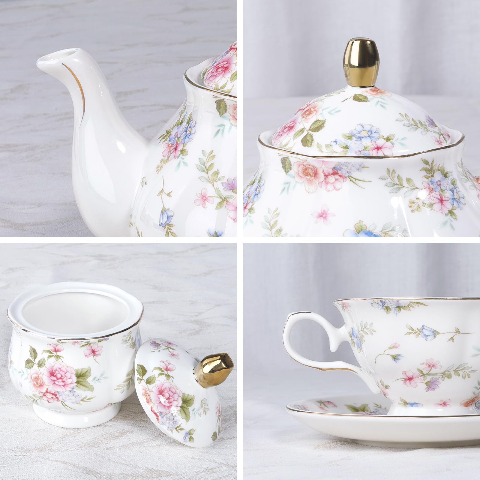 fanquare Zestaw do herbaty z porcelany kościowej z motywem różowych kwiatów i liści, 21 sztuk brytyjski zestaw do kawy z filiżanką i spodem z cukrownicą i łyżeczkami na ślub dla dorosłych