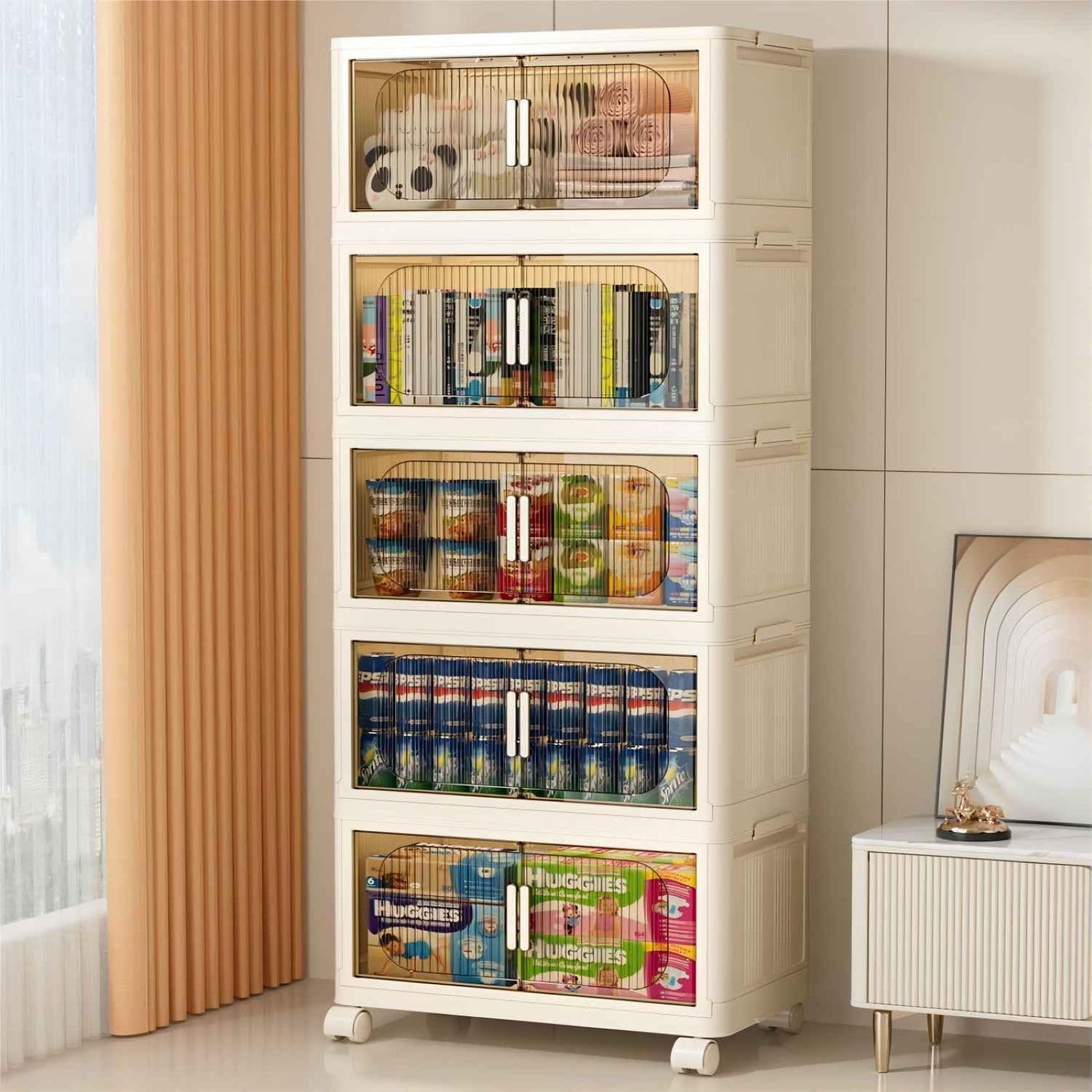 Arabest Storage Bins with Lids, Collapsible Storage Bins with Wheels, Plastic Storage Bin, Foldable Storage box with Doors, Storage for Closet, Home (Creamy Yellow, Transparent Grey) (5 Tiers)