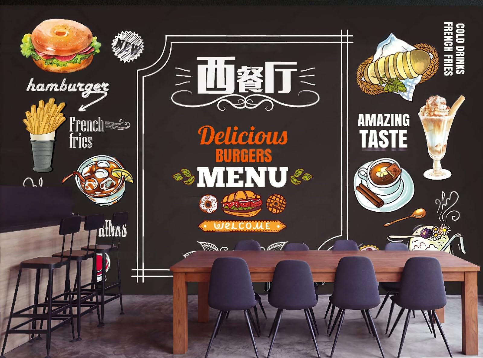 rskjdghshd Wallpaper Retro Blackboard Hand-Painted Pizza Shop Fried Chicken Bread Dessert Afternoon Tea Background Wall Western Restaurant Wallpaper Cafe Mural,3D,150x105cm