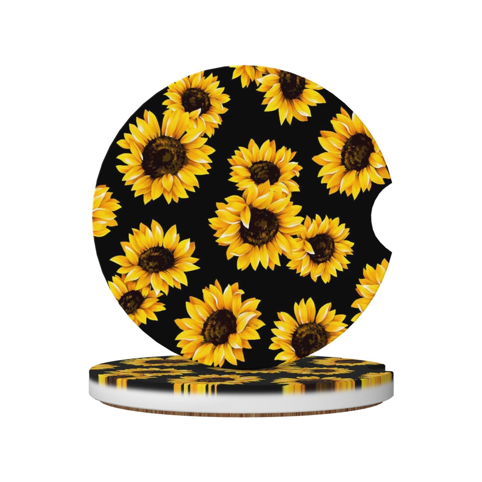 Sunflower Car Coasters, Set of 2 Ceramic Car Cup Holder Coasters, Absorbent Drink Coasters with A Finger Notch and Cork Base, Car Interior Accessories for Women Men