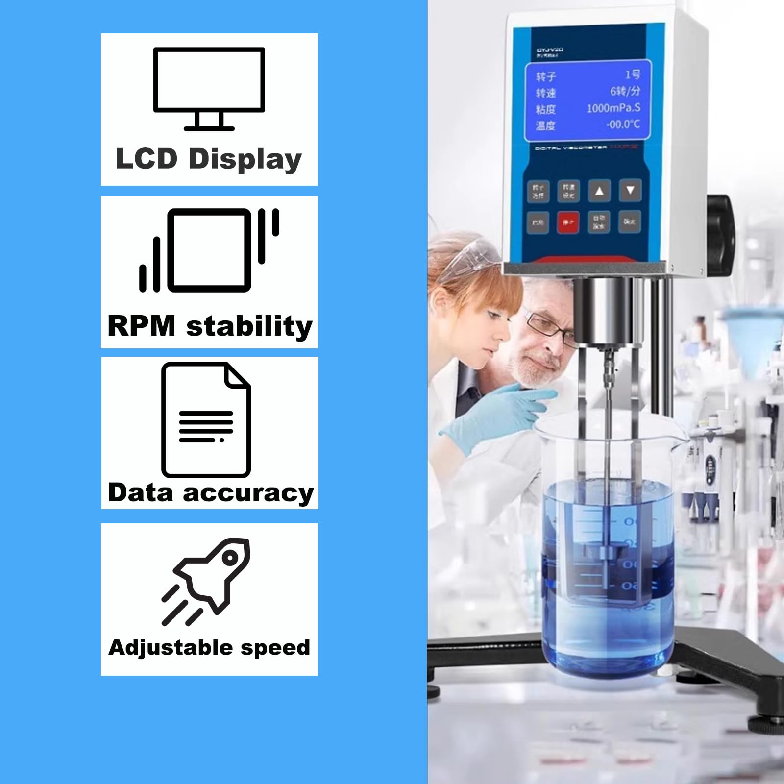 Viscosímetro rotativo digital, medidor de viscosidad con 4 rotores, precisión de ±3%, medidor de fluidos para la medición de viscosidad y temperatura, ideal para uso en laboratorios e industria.