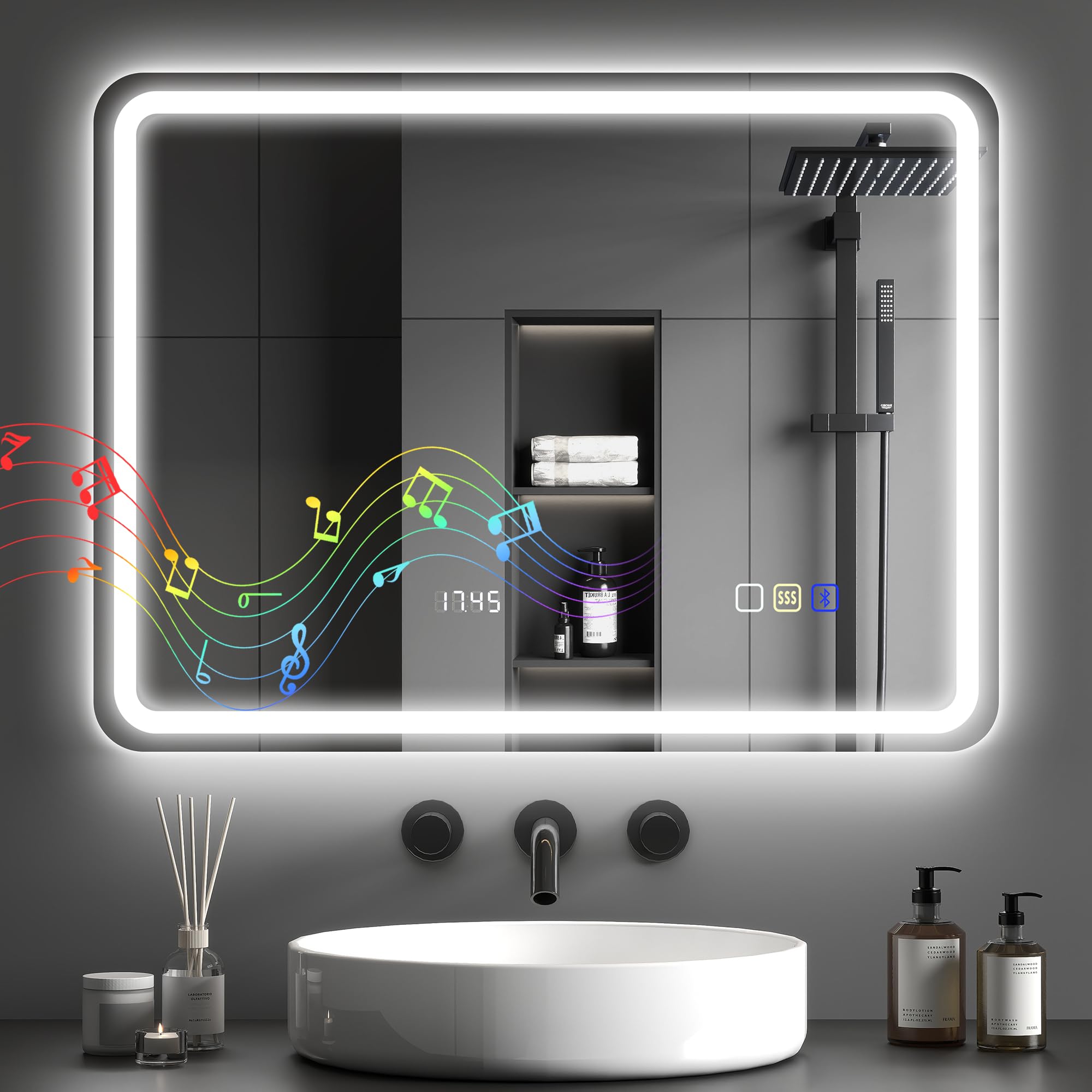 HOMCOM 600 x 800 mm Bluetooth Bathroom Mirror with LED Lights, Illuminated Backlit Wall Mounted Vanity Mirror with 3 Colours Dimmable, Anti-Fog, Memory & Touch Switch, IP44