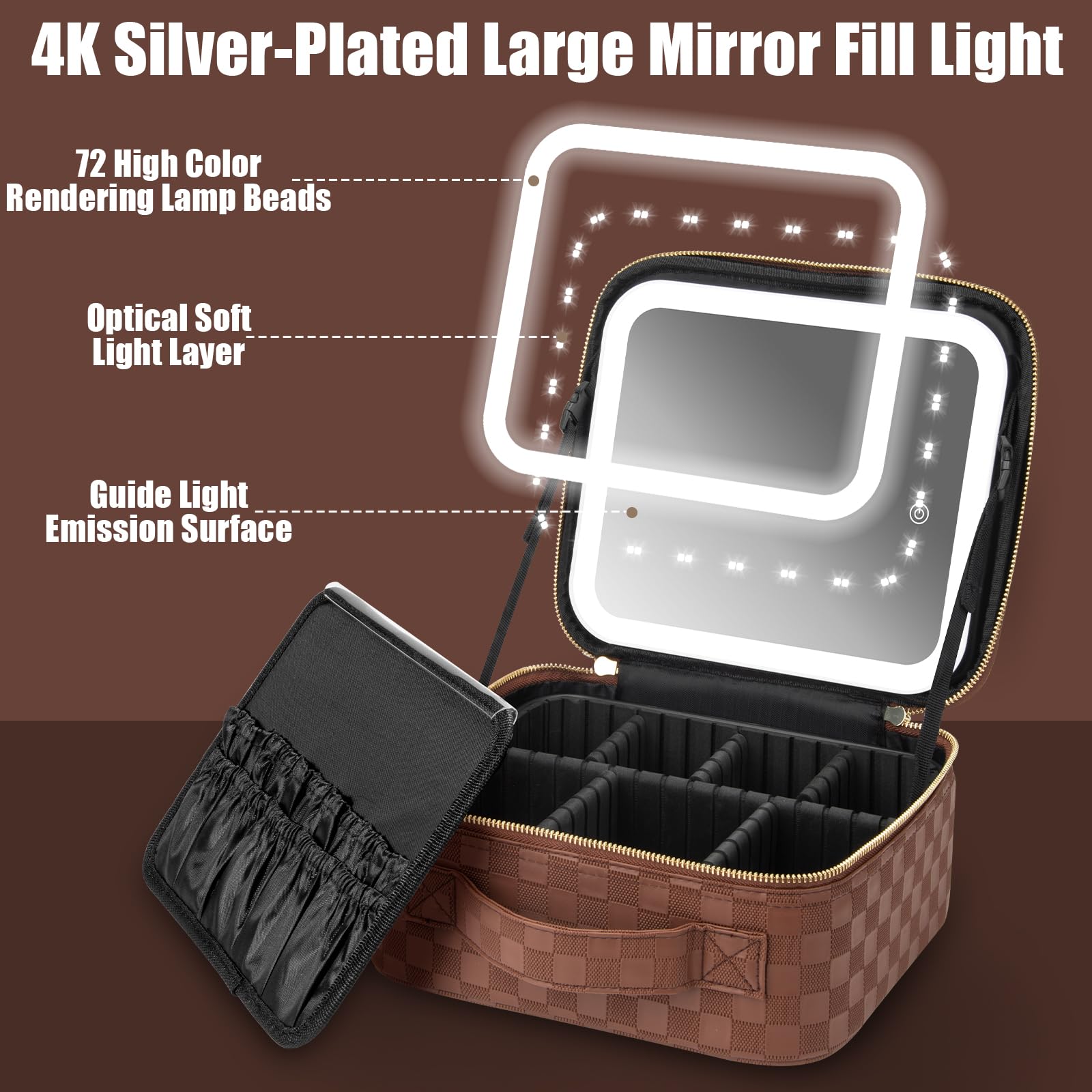 Seoneiro Borsa da viaggio per il trucco con specchio illuminato a LED, luminosità regolabile, portatile, impermeabile, con divisori regolabili, organizer per pennelli da trucco e custodia per