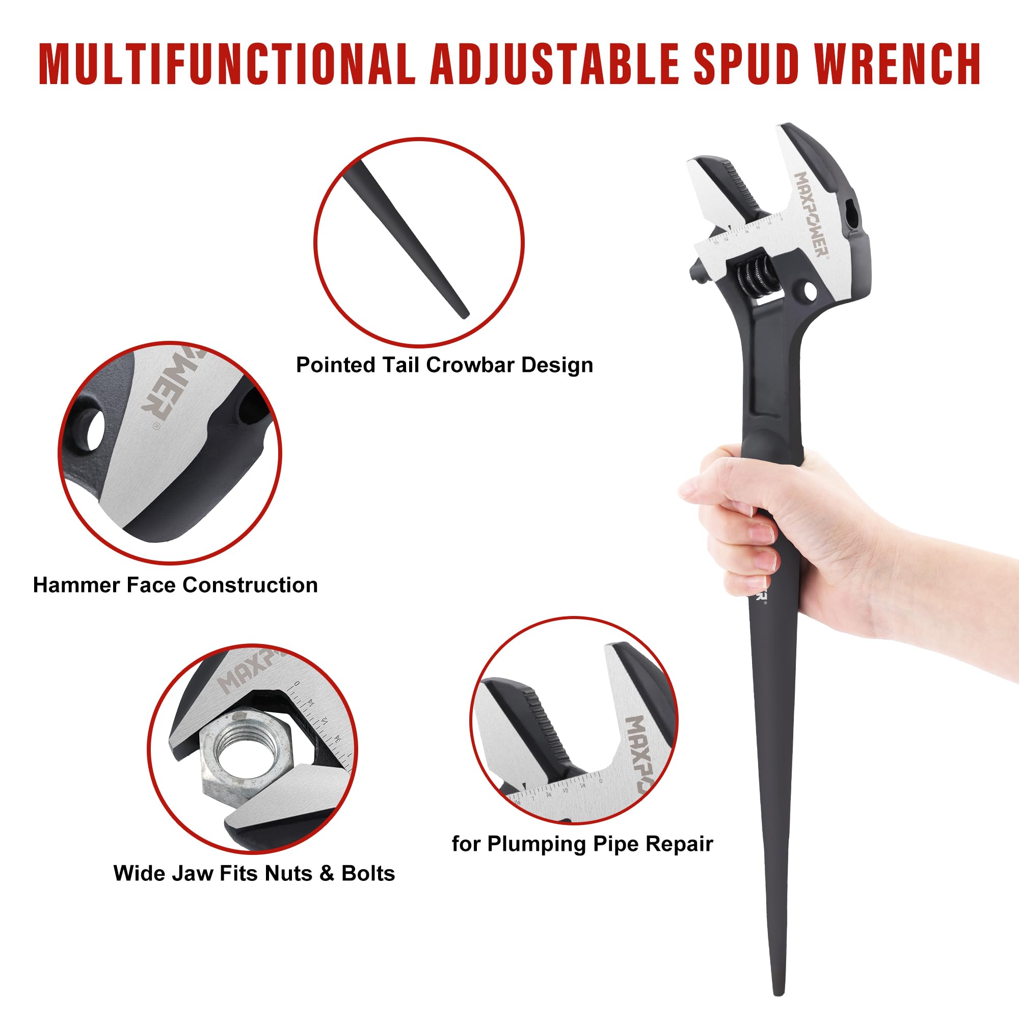 MAXPOWER 16-inch Adjustable Construction Spud Wrench, 4 in 1 Multifunctional Use for Spud Wrench Adjustable Wrench and Hammer - Image 4