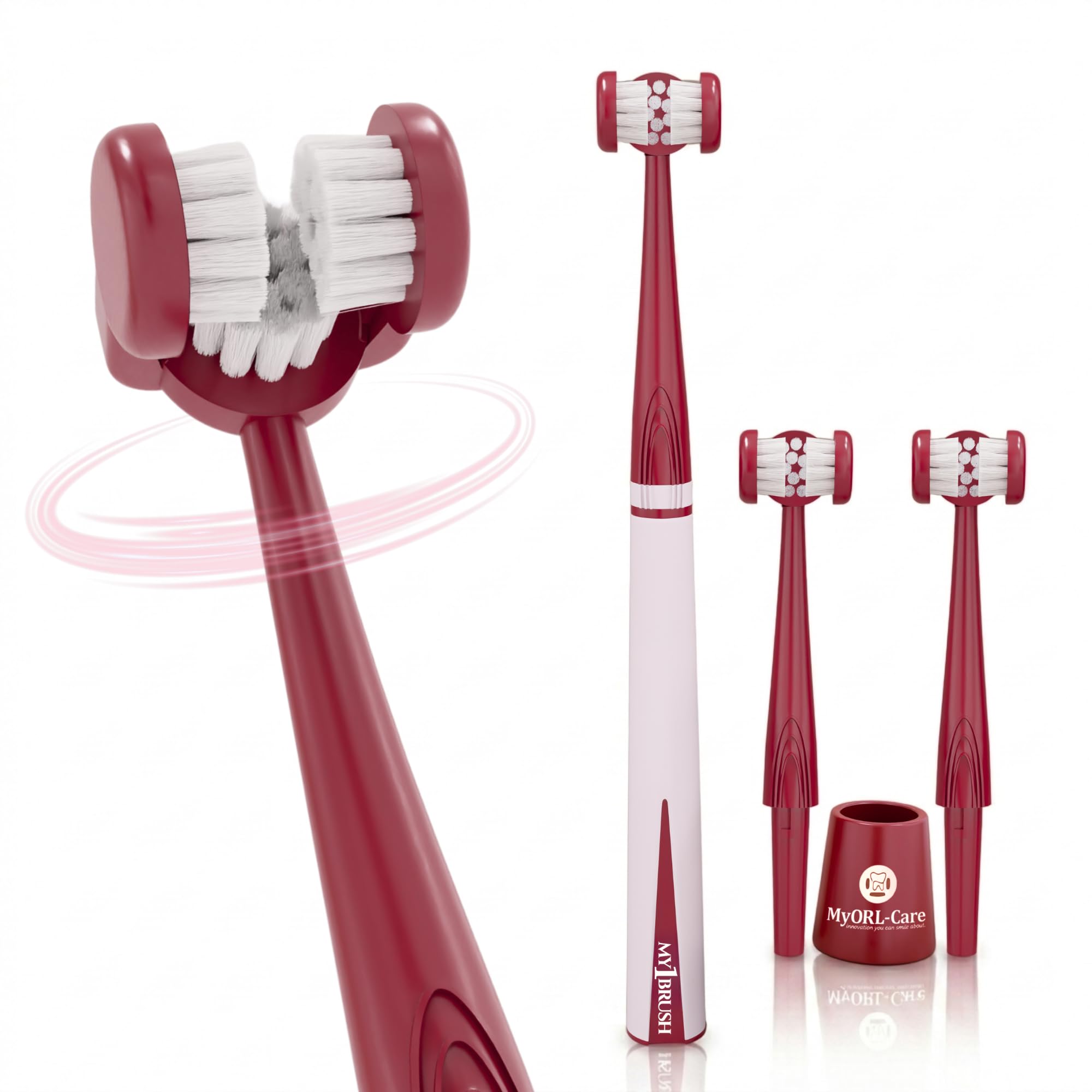 My1brush 3 Sided Ultra Soft Bristle Toothbrush for Adults | Helps in Instant & Deep Cleaning | Innovative and Dentist Design | 2 Replaceable Head, Lasts for 1 Year | BPA Free | Maroon