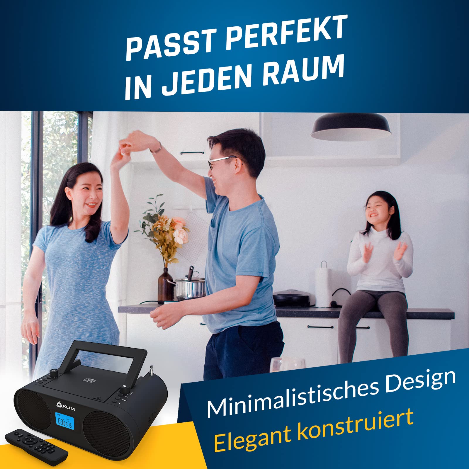 KLIM Boombox B4 Radio mit CD Player + AM/FM Radio, MP3, Bluetooth, AUX, USB tragbar mit kabellosem Modus und aufladbaren Akku + Mit Fernbedienung, Autosleep, Digital EQ