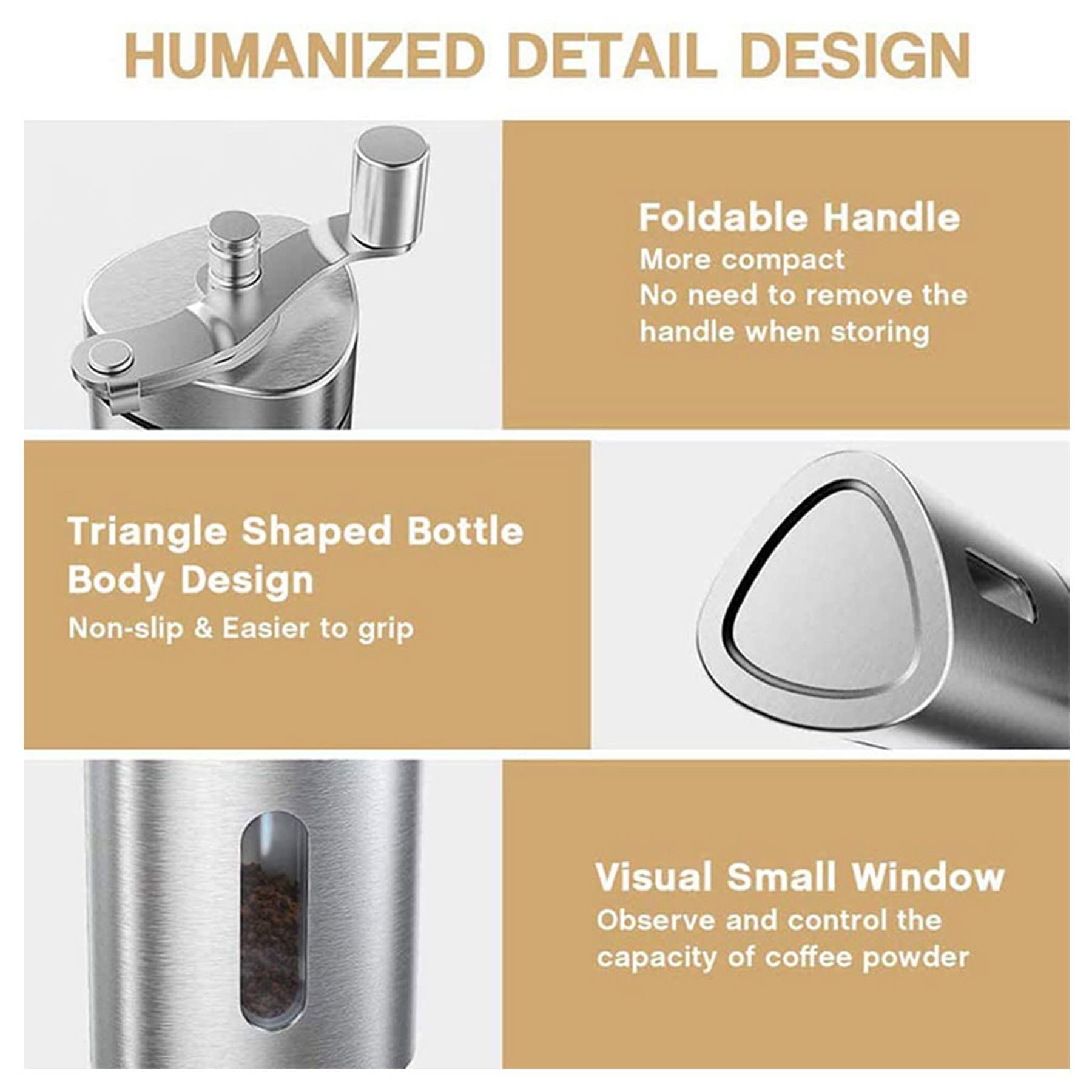 Multifunktionale manuelle Kaffeemühle mit verstellbarem Keramikmahlwerk, abnehmbare Edelstahl-Dreieck-Handkurbel-Kaffeemühle für Zuhause, Büro, Reisen, Silber