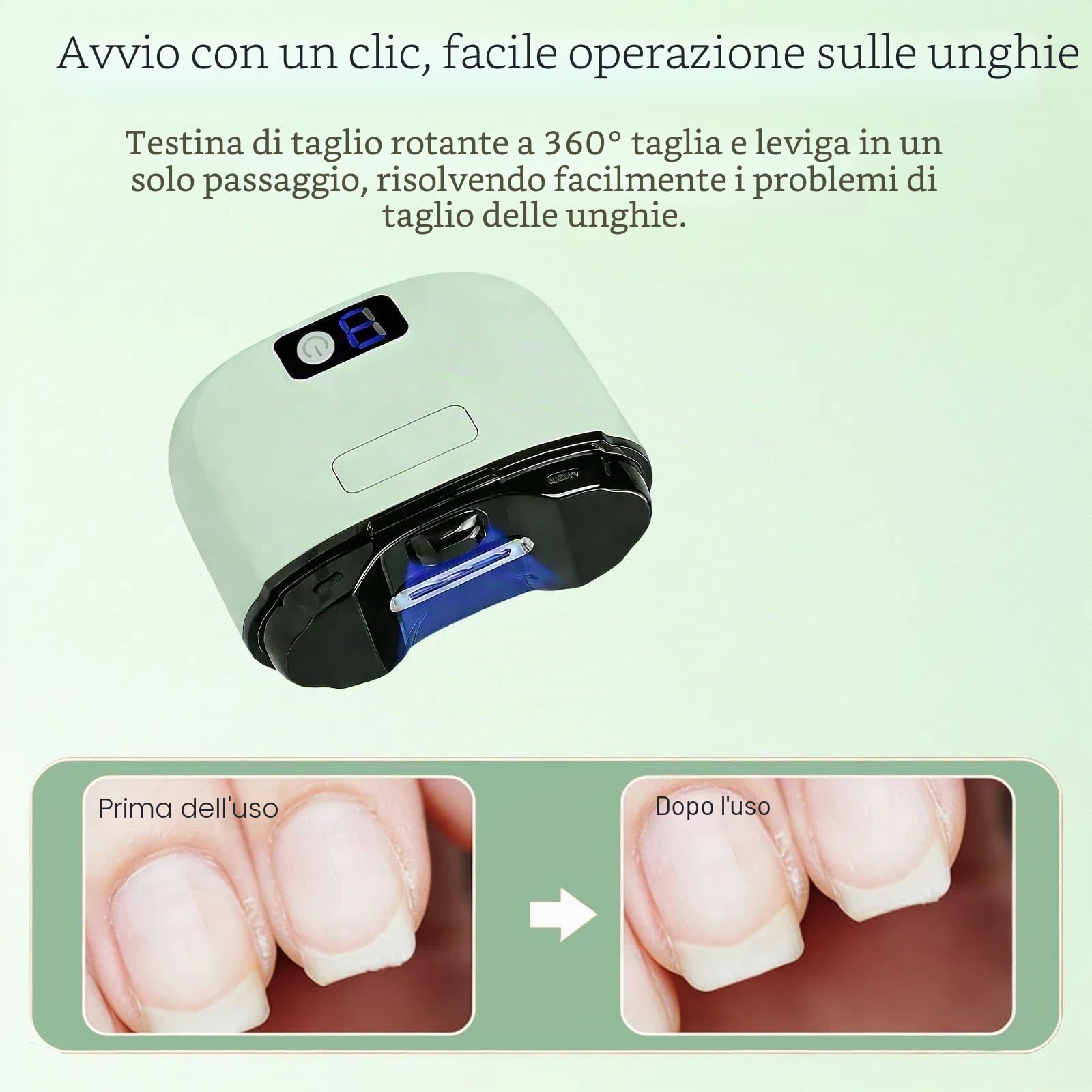 Tagliaunghie Elettrico, 3 in 1 Taglia Unghie Automatico, Ricaricabile Tramite USB con Luce LED, con Cavo di Ricarica e Spazzolino per la Pulizia, Adatto a Bambini e Adulti (Verde)