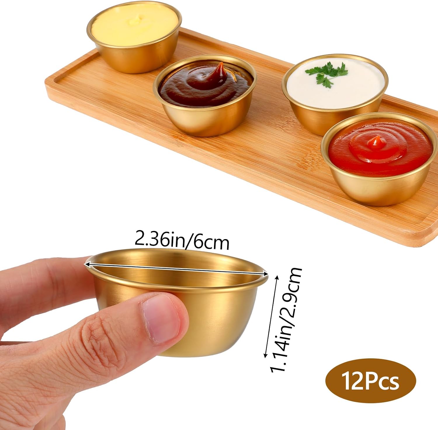 12 Pcs Stainless Steel Dipping Sauce Cups 2 oz Ramekin Mini Sauce Bowls Gold Condiment Cups Reusable Metal Ramekins Containers for Home Kitchen Restaurant Party (Gold, 55 ml)