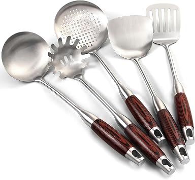 IQCWOOD Stainless Steel Cooking Utensils Set with Wooden Handle, 5-Piece Heat Resistant Kitchen Utensil Tool for Cookware Set -Spatula, Turner, Spaghetti Server, Skimmer Spoon, Soup Ladle