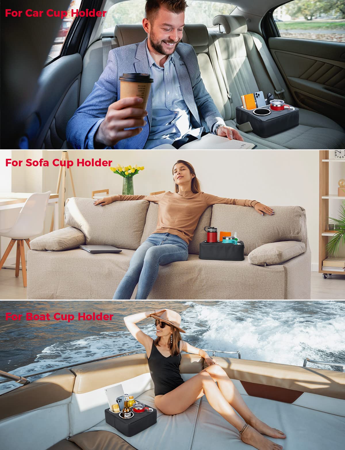 KEMIMOTO Soporte para tazas de coche, soporte para asiento trasero para coche, soporte para tazas de sofá, organizador de asiento trasero de coche, bandeja de sofá, bandeja de cama, bandeja de barco,