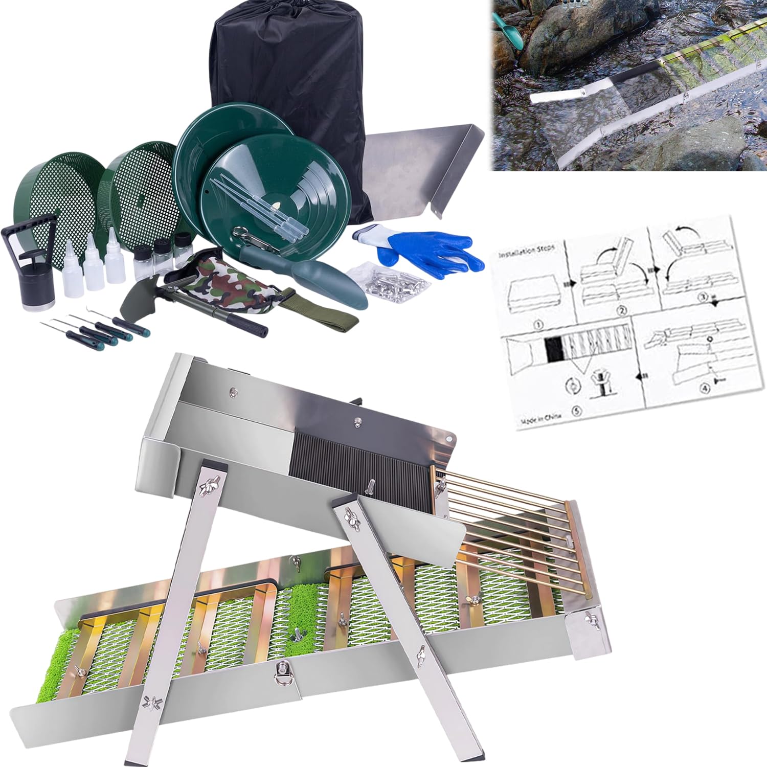 3 w 1 kompletny zestaw do mycia złota, 127 cm złota myjnia z aluminium, składana rynna do mycia złota, kompletny zestaw z 34-częściowymi akcesoriami, przenośne wyposażenie górnicze do rzeki Bach Gold