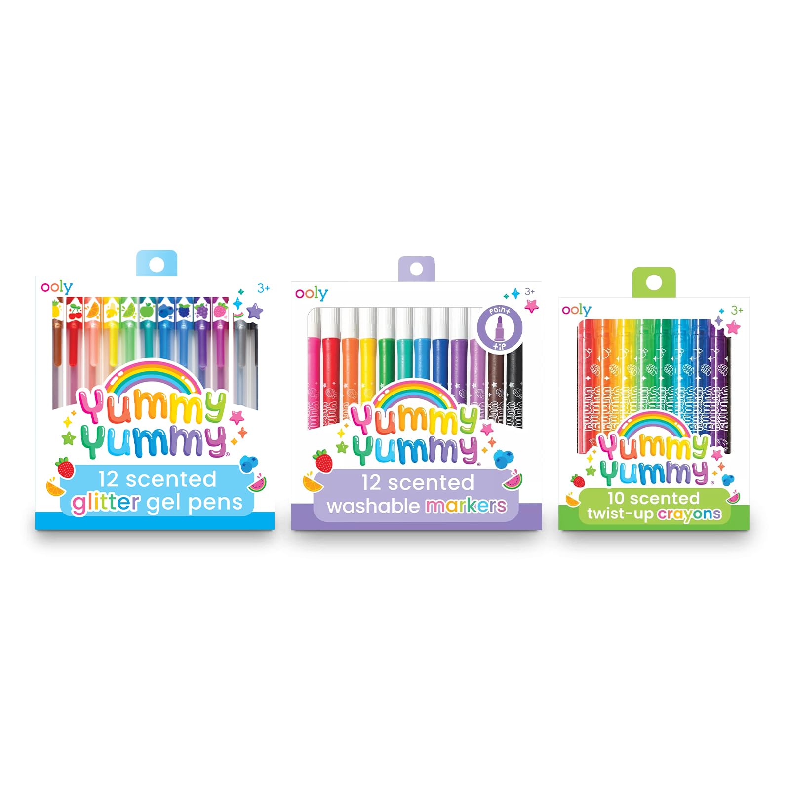 Ooly Scented Yummy Yummy Glitter Gel Pens (Set of 12), Washable Markers (Set of 12) and Twist Up Crayons (Set of 10), Perfect for Kids, Adults, Art Supplies and Stationery Supplies