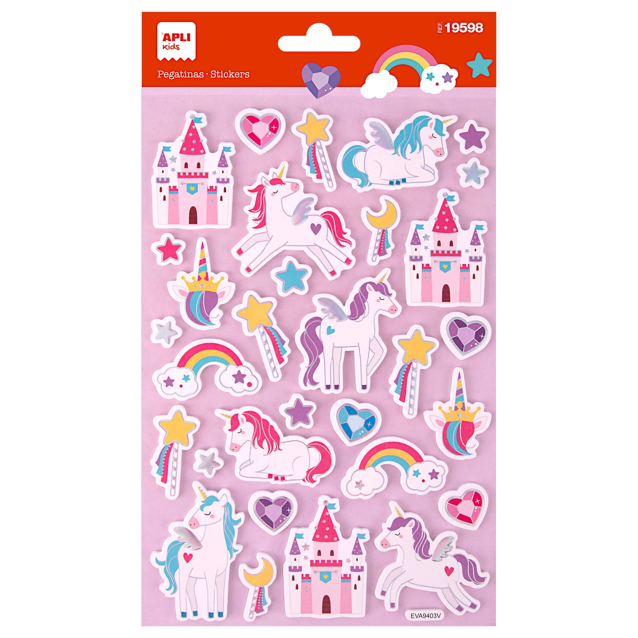 APLI Kids 19598 - Pegatinas Maxi Unicornios, 1 hoja con 32 stickers de adhesivo permanente. Ideales para Scrapbooking, decoración o DIY