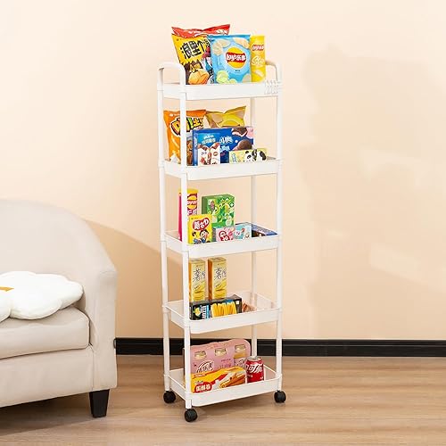 Miniatura 2 de Carrito rodante de 5 niveles con ruedas y asa, carrito de almacenamiento con ruedas para oficina, sala de estar, lavandería, cocina, baño, color
