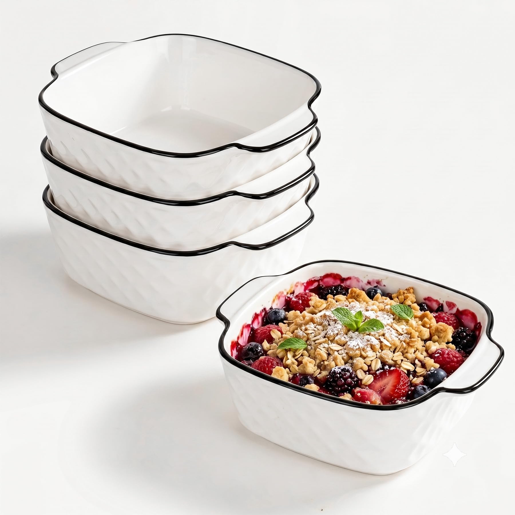 Individual Pie Dishes - Small Pie Dishes - 400 ml Ceramic Square Baking Dishes Set of 4 - Oven Dish with Handle for Air Fryer
