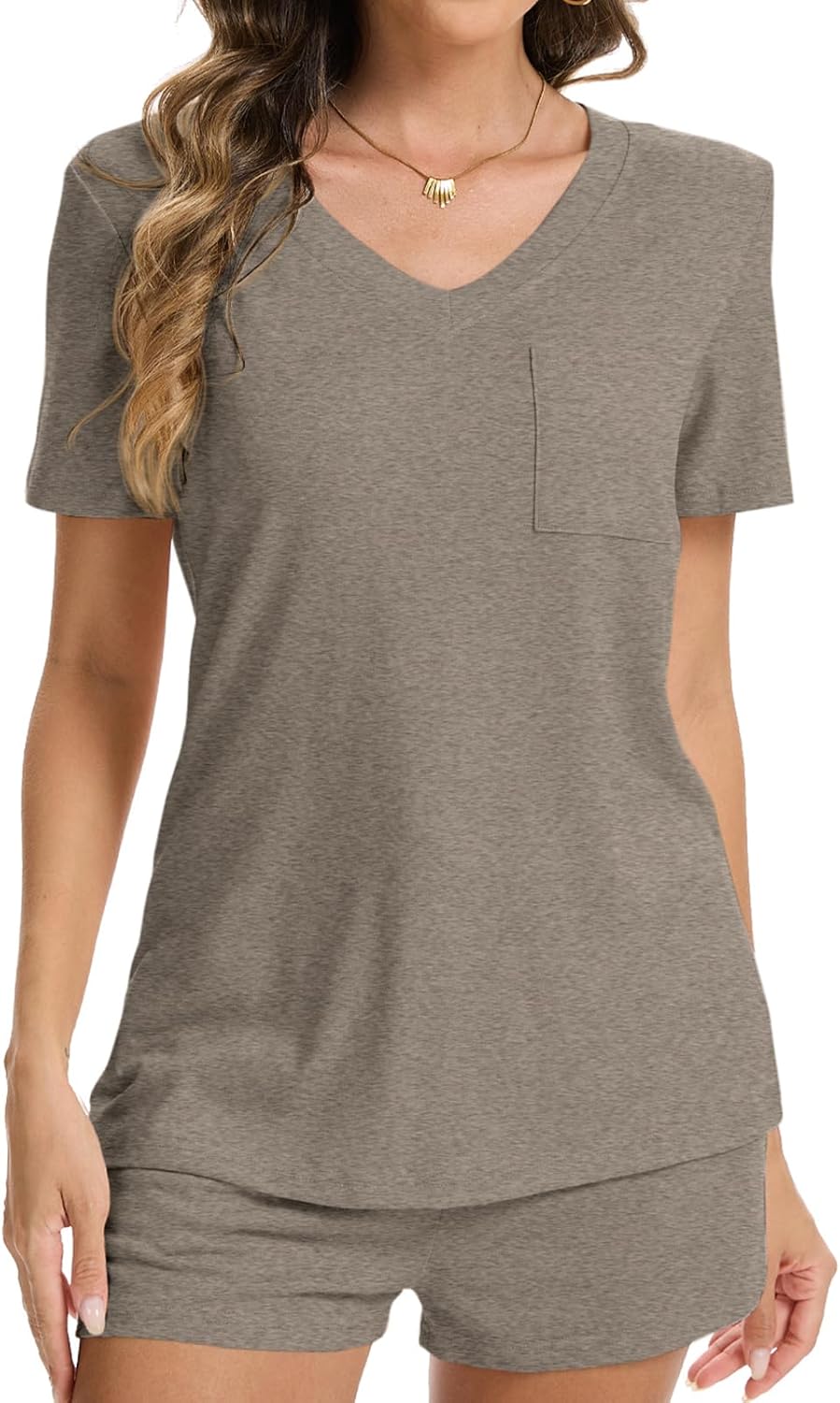 Women's 2 Piece V Neck Pajamas Sets with Pockets Lightweight Lounge Casual Sleepwear Tshirt Shorts - Image 4