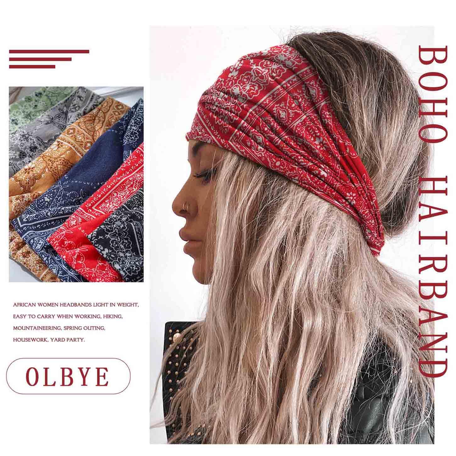 Olbye Opaski na głowę dla kobiet szerokie boho opaska na głowę wiązane turban opaski na głowę elastyczne antypoślizgowe opaski do włosów kwiatowe afrykańskie opaski na głowę trening joga opaski