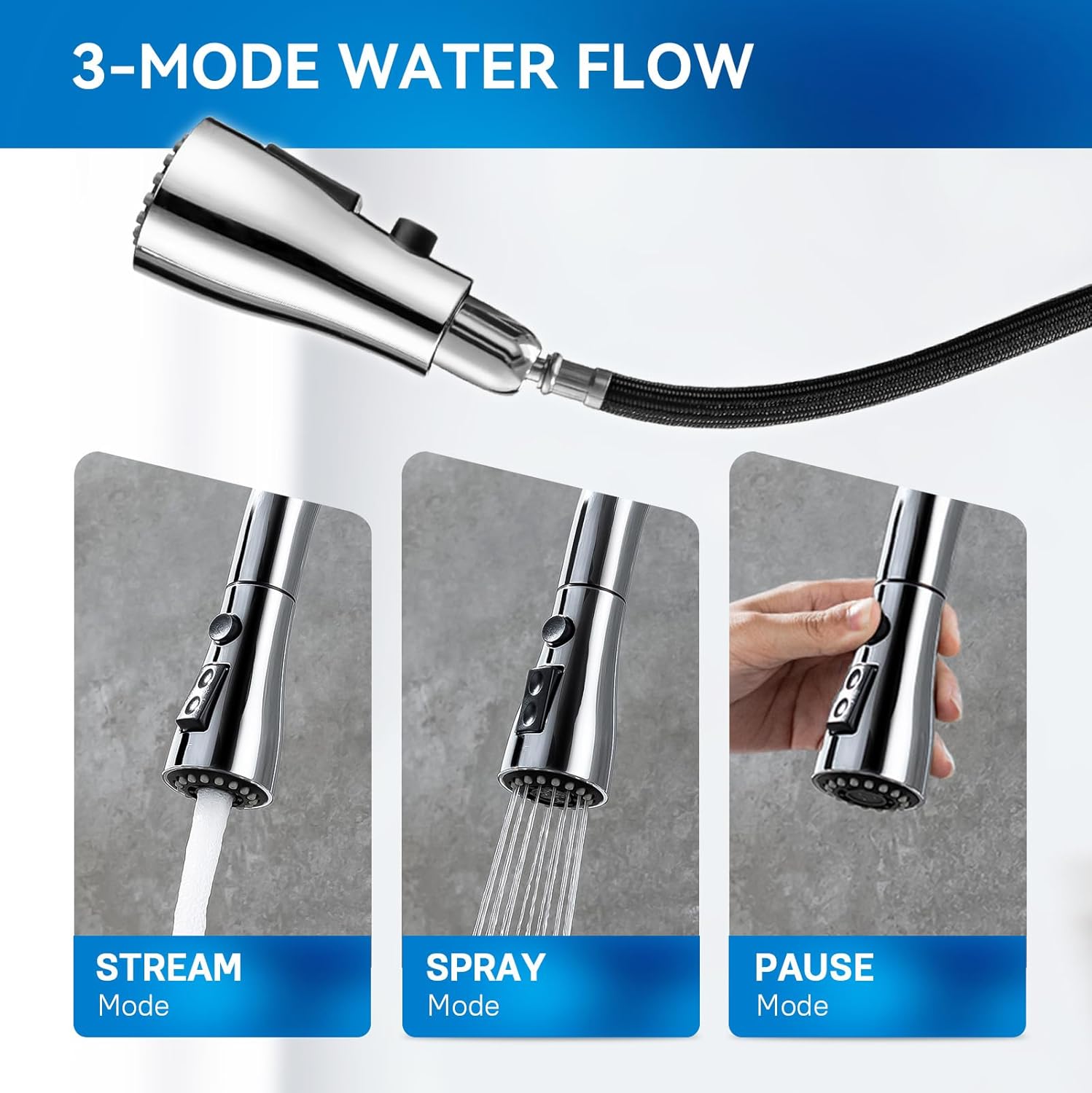 Three water flow modes: Stream, Spray, and Pause