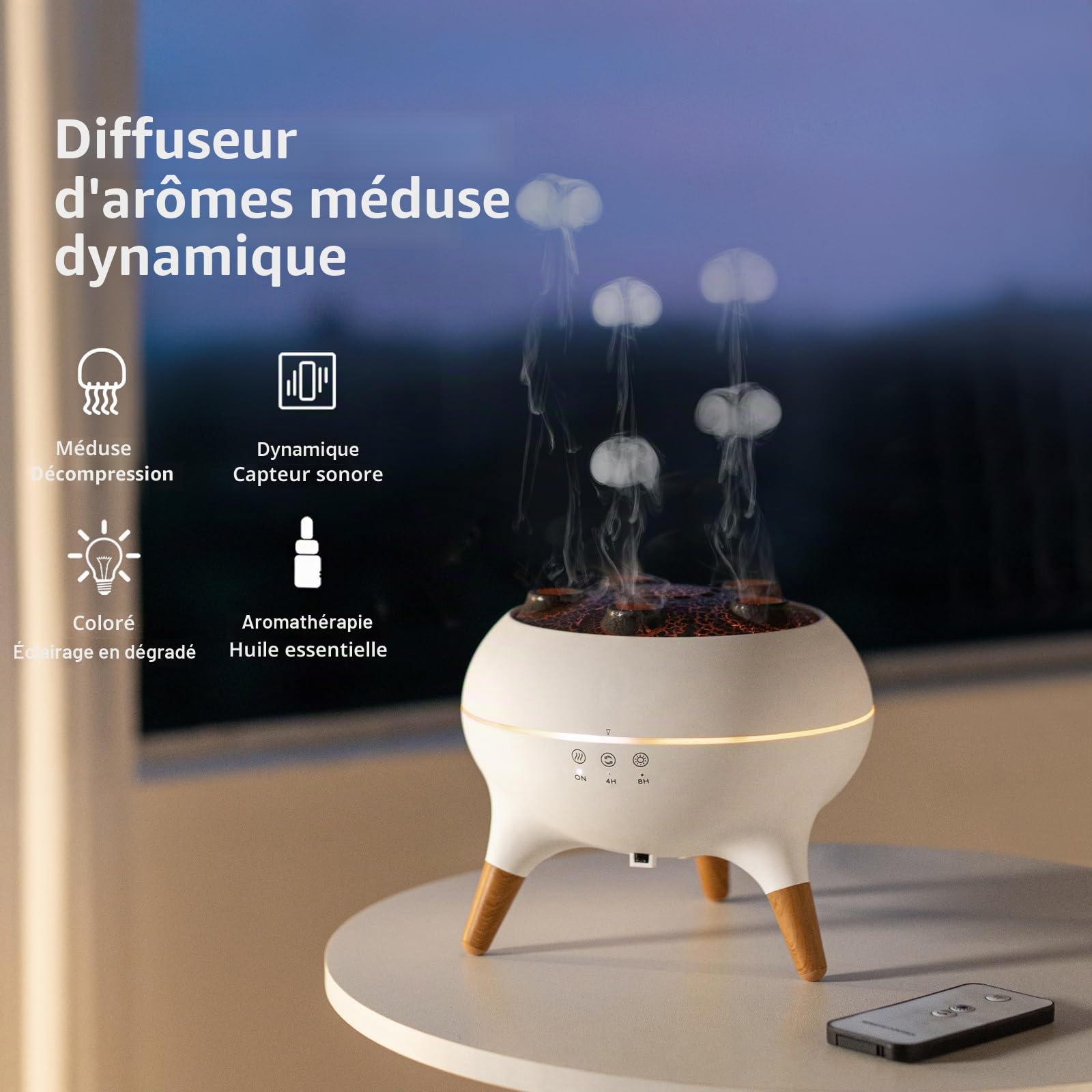 Diffuseur d'arômes de méduses dynamiques équipé d'un éclairage d'ambiance à dégradé de 7 couleurs, télécommande, capteur sonore dynamique et plusieurs humidificateurs à brume, capacité de 250 ml, pour