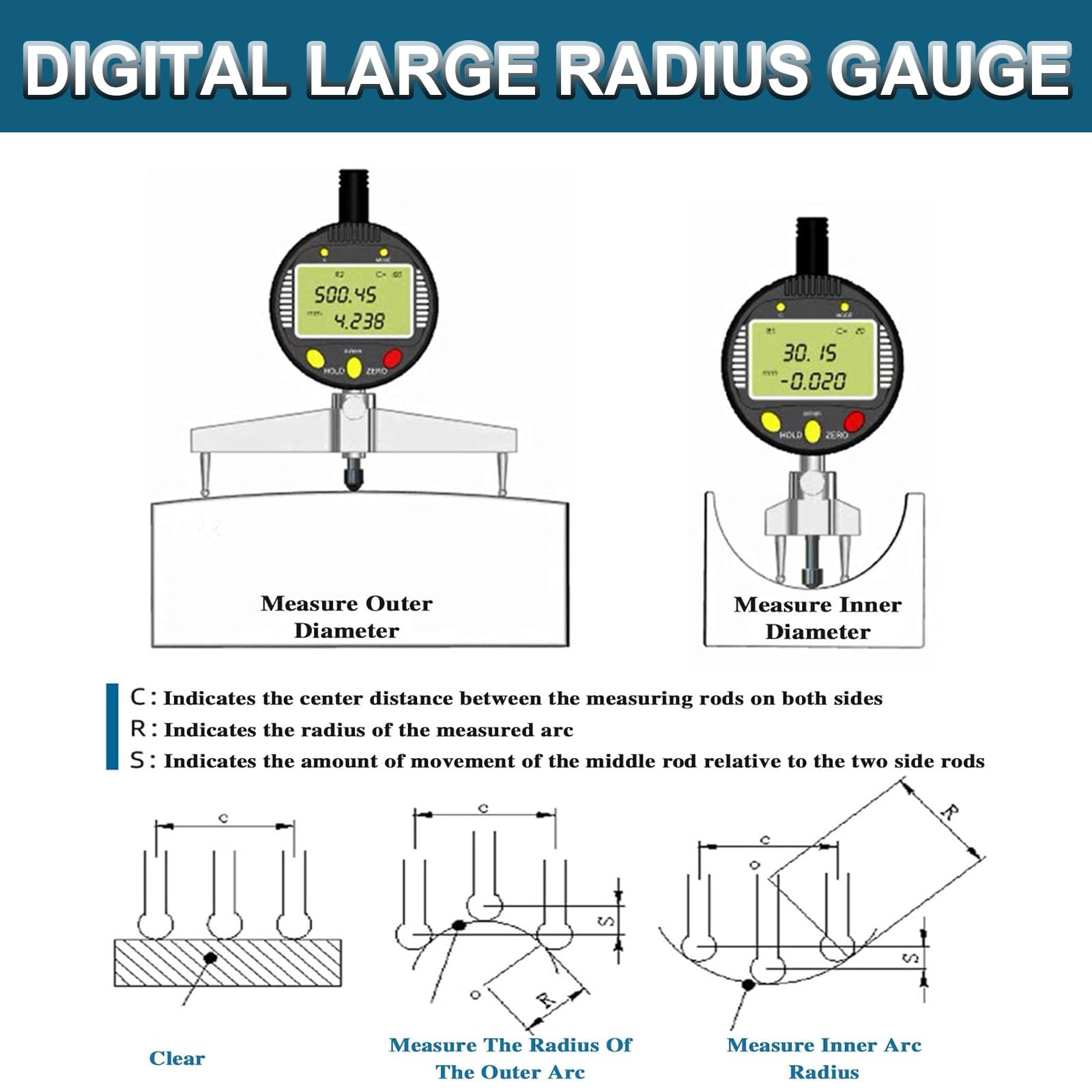Calibrador Digital de radios Interiores y Exteriores, Calibre Digital de Gran Radio, con mordazas de 10 mm/20 mm/30 mm/60 mm/100 mm, para moldes de Madera