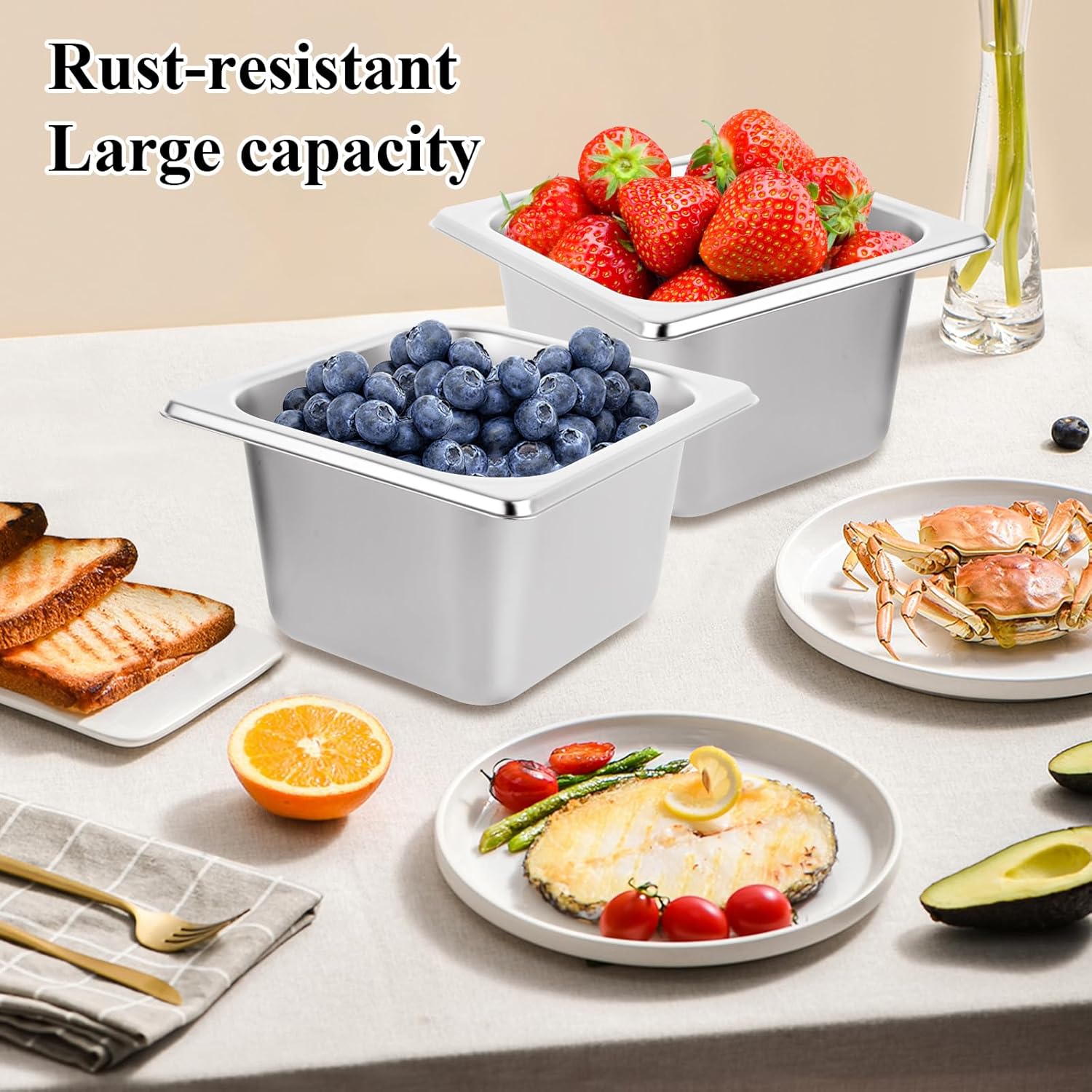 LANIAKEA 6PCS Hotel Pans Stainless Steel Steam Table Pan Restaurant Supplies 1/6 Size x 4 inch Deep Stainless Steam Table Pans, Hotel Pan Trays for Food, Party Catering Supplies - Image 6