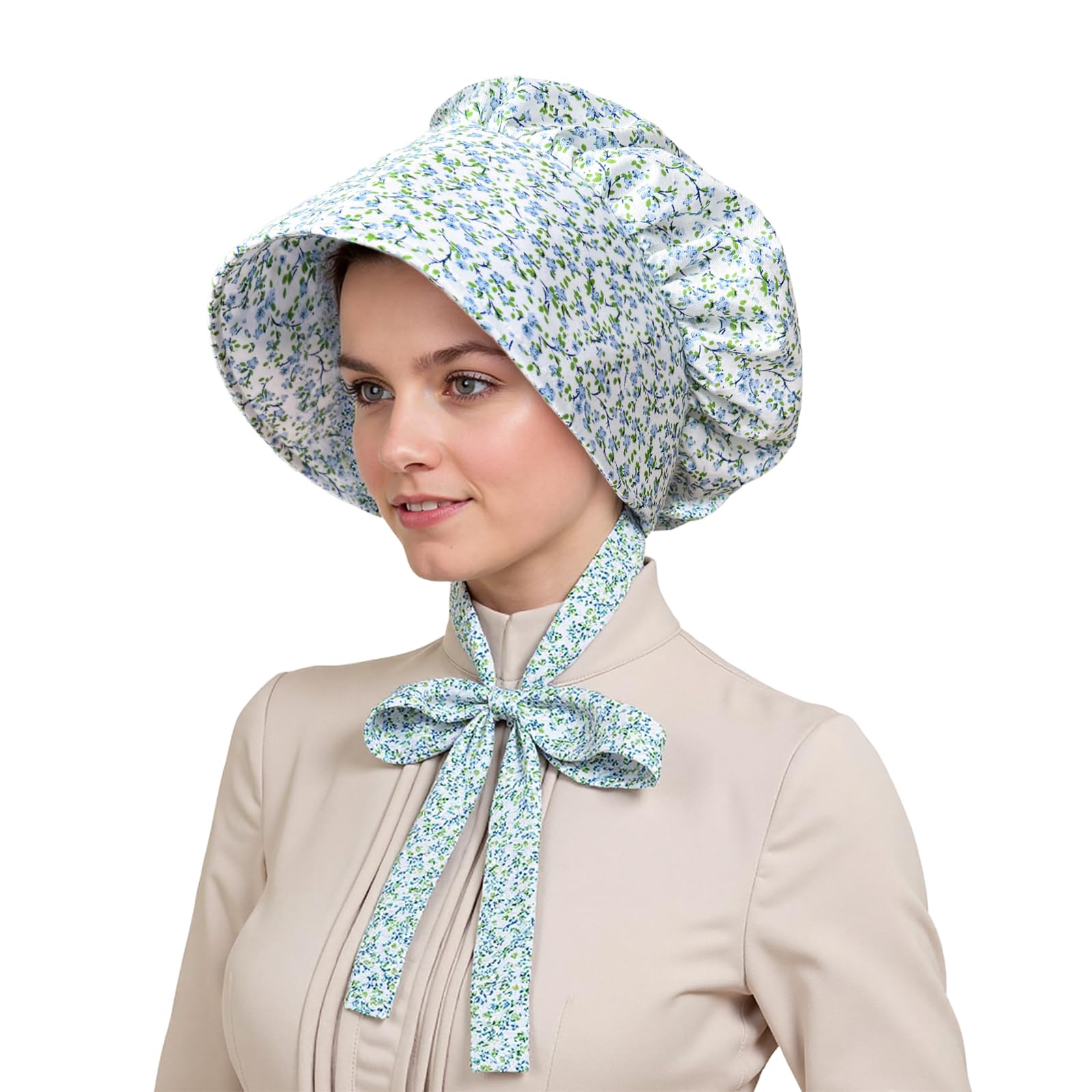 gagift world White Bonnet, Colonial Hat Pioneer Mob Hat Maid Cap with Adjustable Straps, Floral, Large